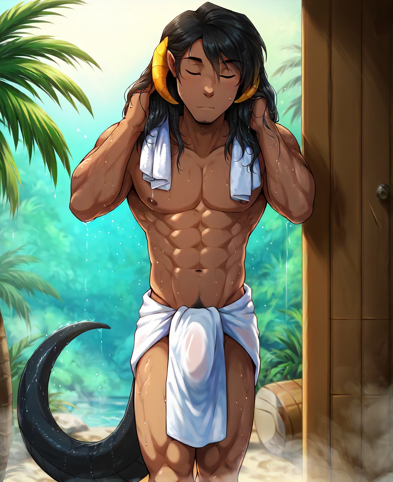 score_9, score_8_up, score_7_up, score_6_up,source_furry,rating_explicit, solo, solo focus, male, muscular, wet fur, wet hair, walking out of shower, towel around waist, (hands in hair:1.3), eyes closed, fluffy tail, beach hut, tropical, palm tree, <lora:HumanReni_TwoKinds_PDXL_epoch_5:1>, tkhumanreni, yellow eyes, black hair, dragon tail, horns, 