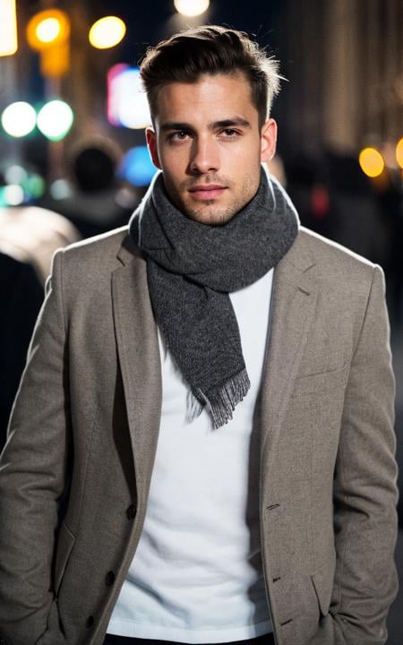 best quality, ultra photorealistic, photorealism, 8k, photograph, photo of a young man, jacket, gray scarf, sweater, short windswept light brown hair, fit, beautiful, (effeminate), (shaved), eyeliner, standing on the walkway, background is a crowded street, bokeh, rain, humid, overcast, artificial lights, detailed face and eyes, higly detailed skin, 8k uhd, sharp focus, professional, best quality