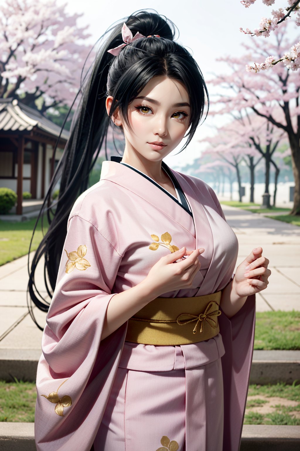 ((ultra detailed, masterpiece, absurdres)) <lora:DOAMomiji:0.9>DOAMomiji, 1girl, ponytail, long hair, in a traditional kimono, surrounded by cherry blossoms