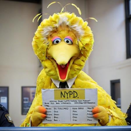 Bigbird1024, a giant yellow bird mugshot in police station, text ''BigBIRD", text ''NYPD'', text ''2024'', text ''drugs possession'', jail, crazy eyes  <lora:Bigbird1024-000255:0.8> 