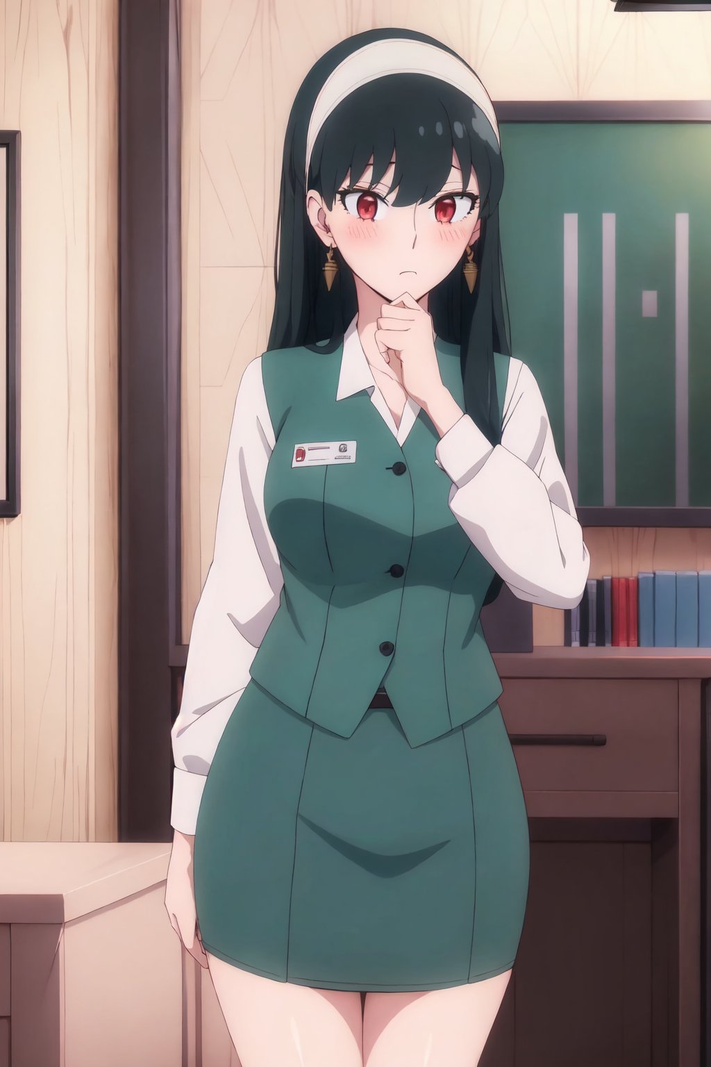 yorforger, 4k, absurd, high resolution, very high resolution, high definition, masterpiece, red eyes, embarrased, blushing, work uniform, white long-sleeved shirt with a green sleeveless vest, green knee-length office skirt, standing, upper body<lora:EMS-352455-EMS:1.000000>