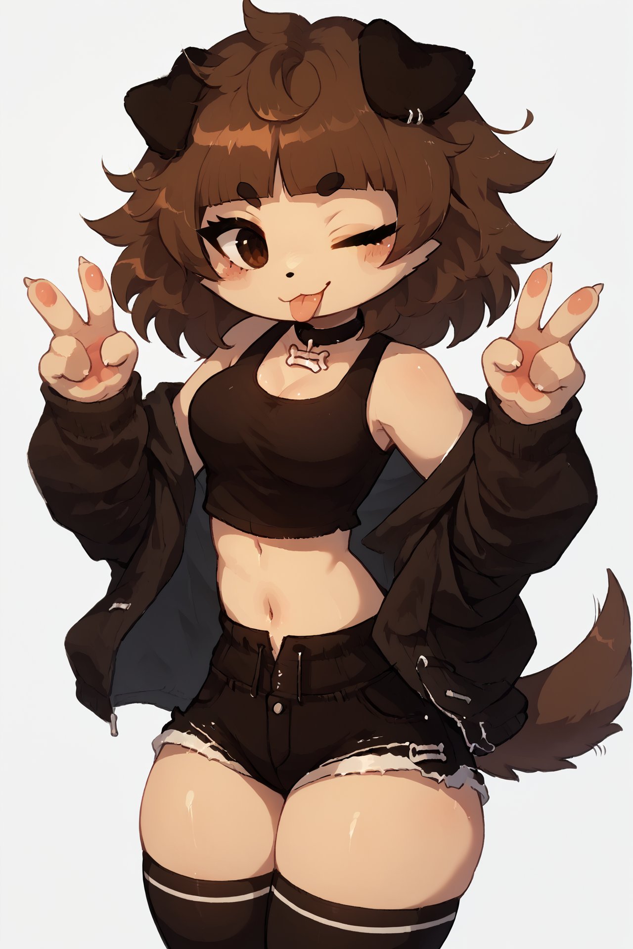 score_9, score_8_up, score_7_up, score_6_up , BREAK, solo, 1girl, dog tail, animal ears, animal ears, brown eyes, mimi, black tank top:1, black crop top, brown hair, thighhighs, choker, tail, white background, standing up, peace sign, paws, tongue out, one eye closed, leg up, extreme blush, (mid riff), (shorts), (panties), navel,  <lora:Smooth Anime Style LoRA XL:0.8>  <lora:mimi_typh_2:1>