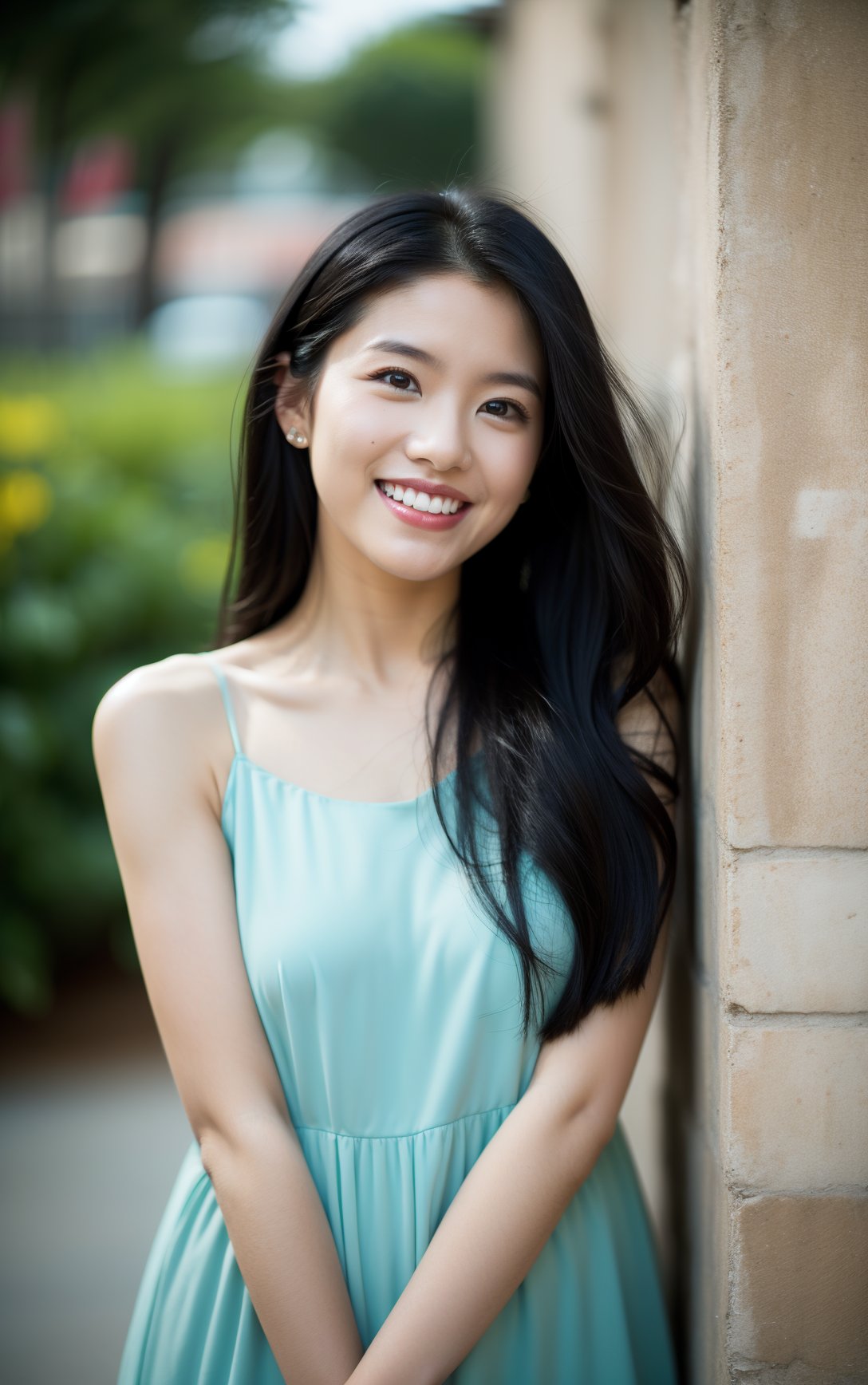 a woman is leaning against a wall and smiling at the camera,1girl,solo,smile,looking at viewer,teeth,flower,black hair,blurry,head tilt,long hair,blurry background,grin,upper body,realistic,dress,,