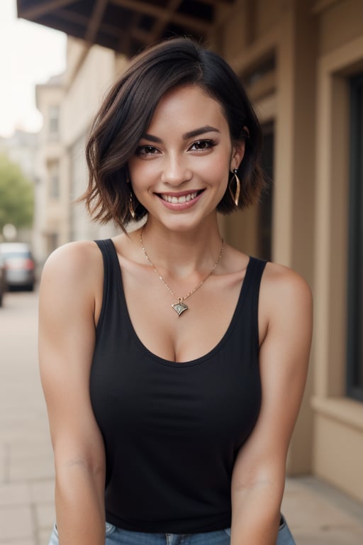 1girl, solo, short hair, breasts, smile,, black hair, full body. brown eyes, closed mouth, earrings, medium hair, necklace, mole, black eyes, lips, tank top, mid-size breasts, long bob hairstyle, forehead, realistic, Jewish nose