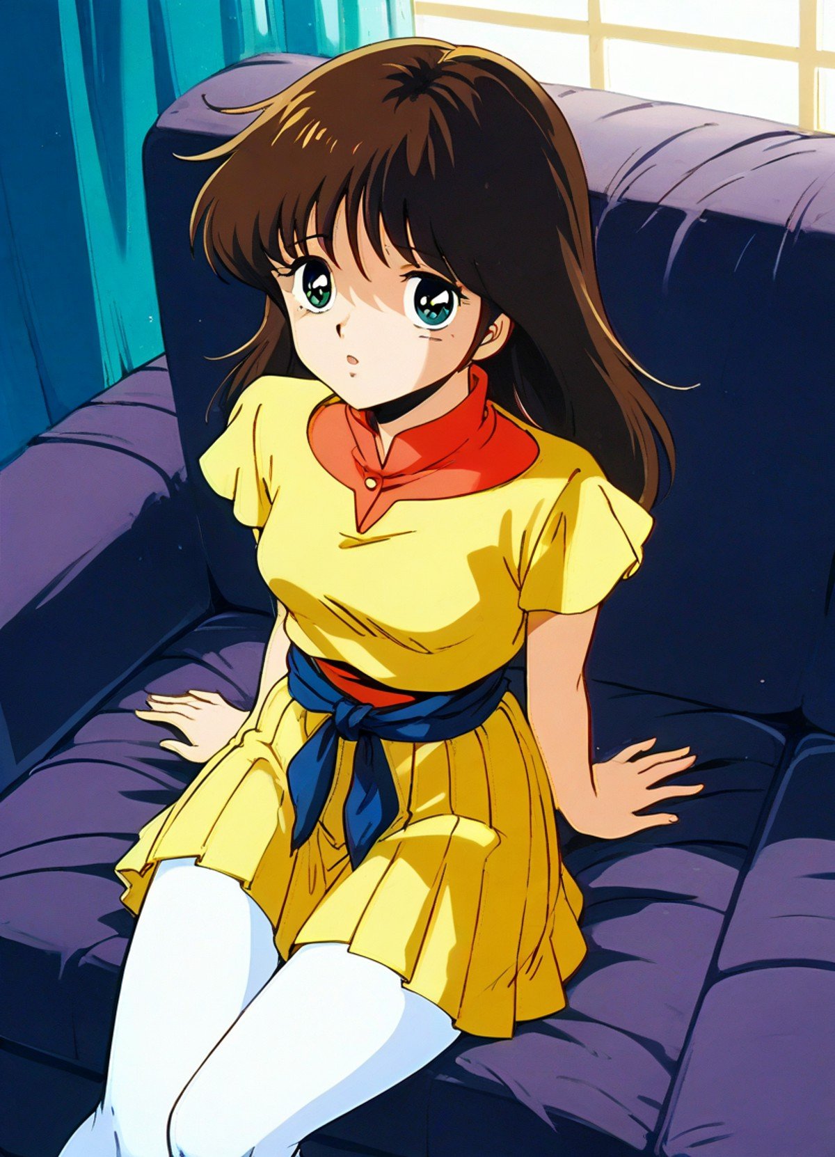 score_9, score_8_up, score_7_up, masterpiece, best quality, very aesthetic, absurdres, official art, official style, anime screencap, megami magazine, zPDXL2, zPDXLxxx, rating_safe, sfw, 1980s \(style\), retro artstyle <lora:Cream Lemon Nonomura Ami Pony v1_epoch_10:1.0>, 1girl, (solo, solo focus:1.1), cream_ami, (medium breasts:1.2), green eyes, BREAK, brown hair, bangs, BREAK, (yellow dress, short sleeves, yellow skirt, pleated skirt:1.2), BREAK, (undershirt:1.2), orange shirt, BREAK, sash, blue sash, BREAK, white pantyhose, BREAK, (no humans:1.3), 4fingers, 1thumb, <lora:neg4all_bdsqlsz_xl_V91:1.0> <lora:ALTXL_pony_0061_8:2.0>, <lora:Difference_SaturationEbaraPonyCoolTemperatureV2_1e04:1.0>, indoors, sitting couch, disappear, raised eyebrows, pouty lips, dim lighting, from above,