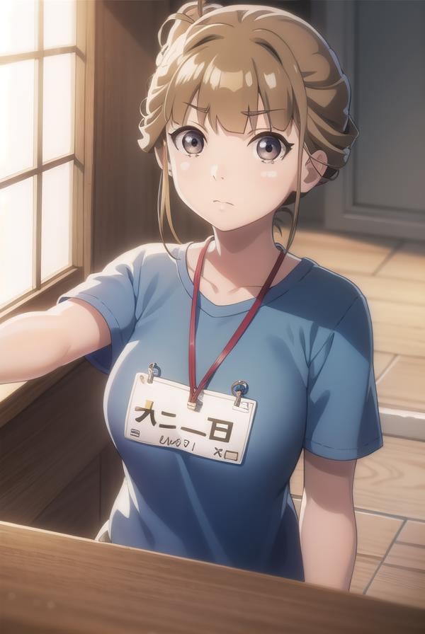 hinatamiyake, <lora:hinata miyake s1-lora-nochekaiser:1>,hinata miyake, short hair, brown hair, (brown eyes:1.5),BREAK shirt, short sleeves, uniform, blue shirt, name tag, id card, employee uniform,BREAK indoors,BREAK looking at viewer,BREAK <lyco:GoodHands-beta2:1>, (masterpiece:1.2), best quality, high resolution, unity 8k wallpaper, (illustration:0.8), (beautiful detailed eyes:1.6), extremely detailed face, perfect lighting, extremely detailed CG, (perfect hands, perfect anatomy),