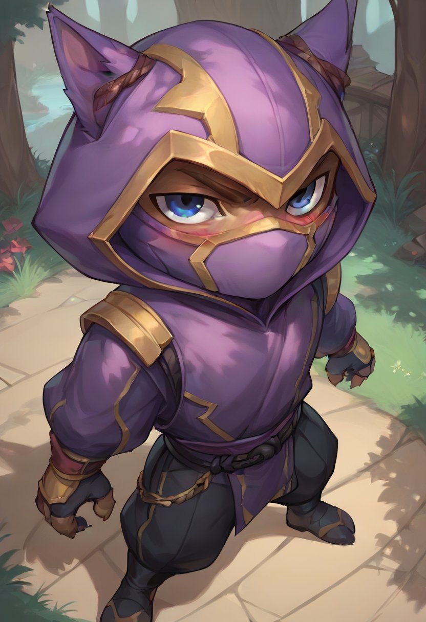 score_9, score_8_up, score_7_up, score_6_up, 1boy, solo, k3nn3n, hood, mask, yordle, solo, 1boy, male focus, hood up, blue eyes, pants, gloves, outdoors, looking at viewer, solo,from above, blush, ! <lora:Kennen_Default_v2-000028:0.7>