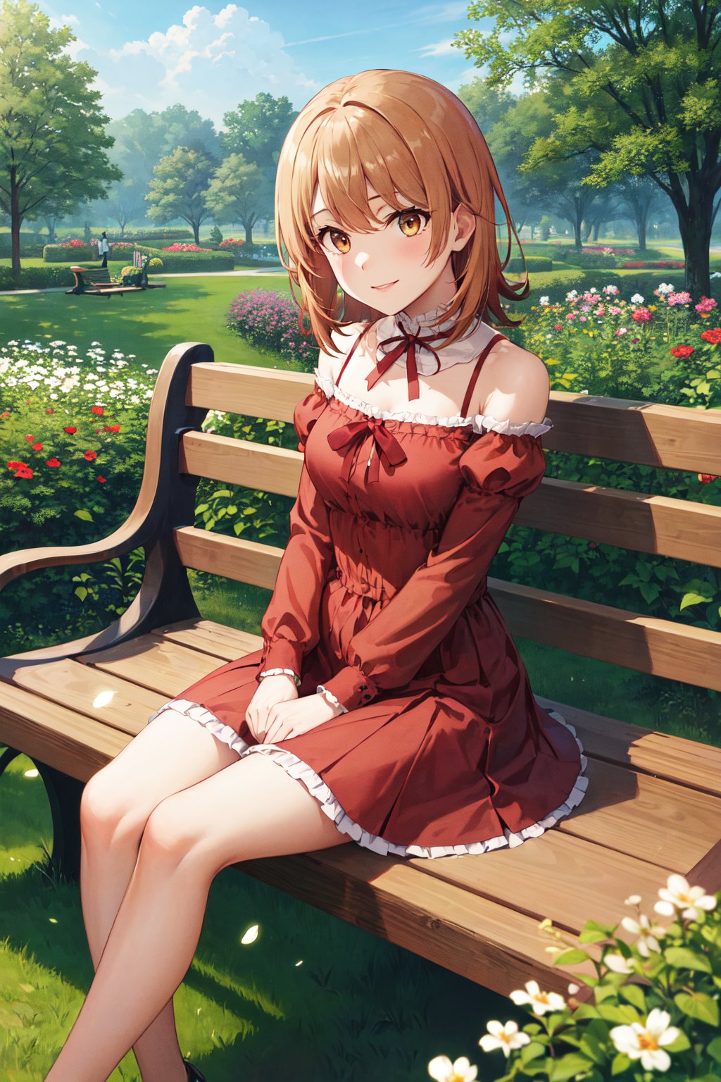 masterpiece, best quality, highres, aairoha, medium hair, <lora:isshiki_iroha_v1:0.7>, frilled dress, red dress, gothic, garden, sitting, bench, petals, smile