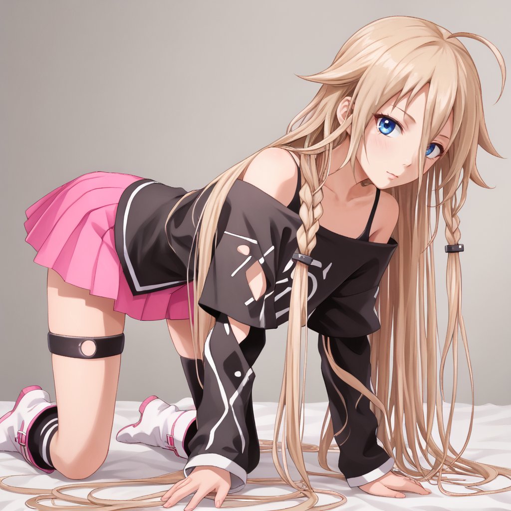 1girl, solo, on all fours <lora:IAXLpony1:1> ia, blue eyes, blonde, ahoge, twin braids, floating hair, very long hair, black off-shoulder shirt, pink pleated skirt, asymmetrical legwear, thigh strap, knee boots,