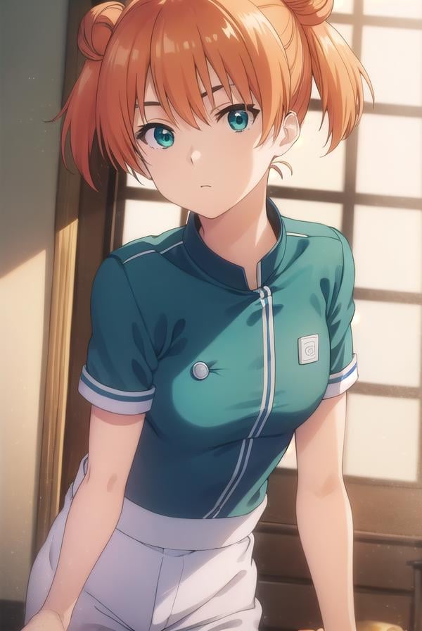 yuukiyoshino, <lora:yuuki yoshino s1-lora-nochekaiser:1>,yuuki yoshino, short hair, twintails, (green eyes:1.3), hair bun, orange hair, double bun,BREAK chef, pants, white pants,BREAK indoors, kitchen,BREAK looking at viewer, (cowboy shot:1.5),BREAK <lyco:GoodHands-beta2:1>, (masterpiece:1.2), best quality, high resolution, unity 8k wallpaper, (illustration:0.8), (beautiful detailed eyes:1.6), extremely detailed face, perfect lighting, extremely detailed CG, (perfect hands, perfect anatomy),