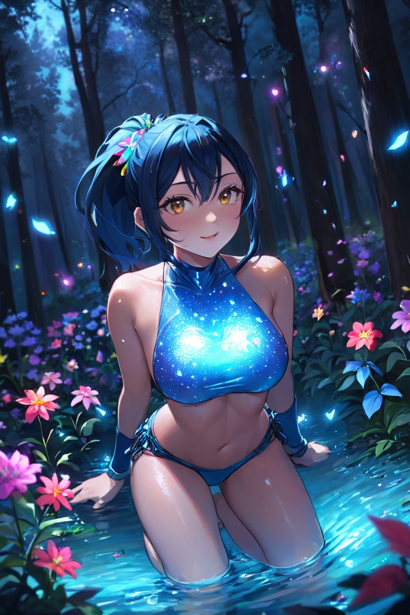 extreemely detailed, light particles floating, kneeling in the forest watching spirits, eerie aura, chromatic aberration, colorful forest lights during night time, oily skin, dynamic angle, colorful glowing flowers, night,hair ornament, intrincate clothing, sexy, high definition photo, ultra detailed skin, ultra detailed face, small skin imperfections, 1girl, Ponytail, medium boobs, Tall body, dark eyes, Navy blue hair