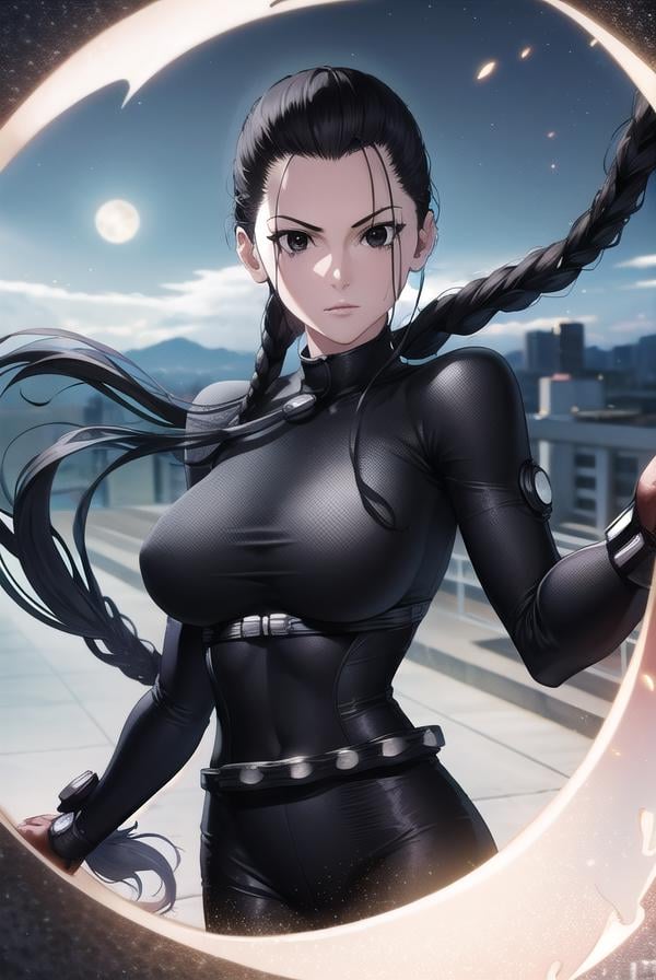 seisakuraoka, <lora:sei sakuraoka manga-lora-nochekaiser:1>,sei sakuraoka, braid, black hair, (black eyes:1.5), single braid,BREAK bodysuit, black bodysuitBREAK outdoors, city, night, sky, starry sky, moon,BREAK looking at viewer, (cowboy shot:1.5),BREAK <lyco:GoodHands-beta2:1>, (masterpiece:1.2), best quality, high resolution, unity 8k wallpaper, (illustration:0.8), (beautiful detailed eyes:1.6), extremely detailed face, perfect lighting, extremely detailed CG, (perfect hands, perfect anatomy),