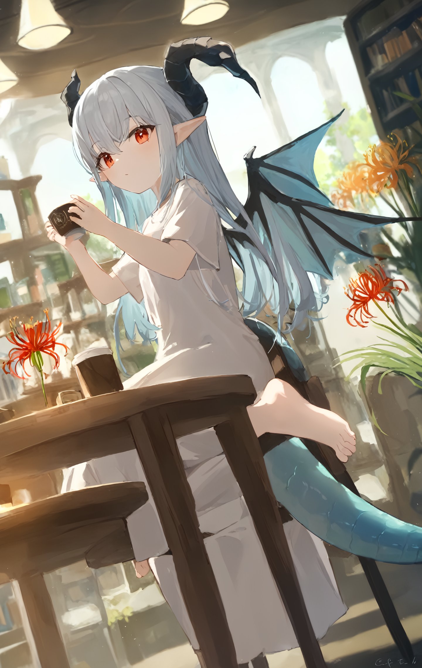 1girl, solo, wings, spider lily, flower, pointy ears, tail, dragon tail, dynamic angle, white dress, long skirt, barefoot, dragon tail, dragon horns, dragon wings, cafe, depth of field, table.In a quaint café imbued with the aroma of fresh coffee, a beguiling young maiden sits, her presence an ethereal blend of fantasy and modernity. Draped in a stylish jacket, T-shirt, and skirt that flirt with the contours of today's fashion, she is not just any patron. From her back sprout dragon wings, unfurled yet at peace, and a dragon tail that coils elegantly around her chair. In her delicate hands, she cradles a bunch of lycoris flowers, their vibrant hue a poetic contrast to her enigmatic aura.t and a bookshelf full of various books, Nearby, one can see a cup placed on a table.masterpiece, best quality, absurdres, recent, newest, safe, sensitive