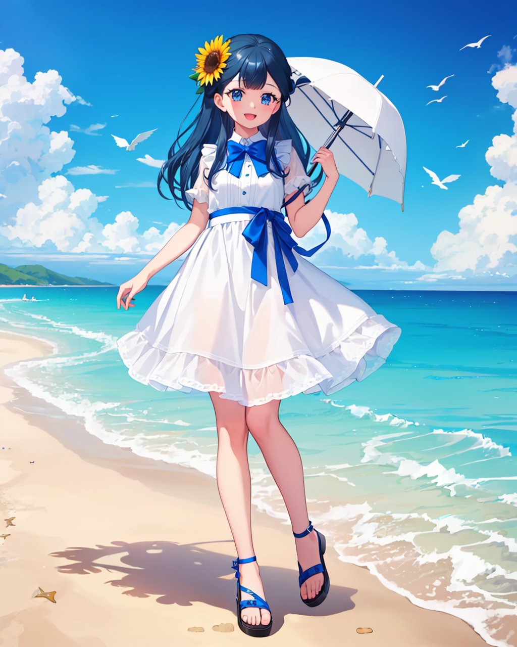 masterpiece,best quality, highly detailed, yakushiji saaya,1girl, solo, outdoors, hair flower, ocean, beach, white dress, looking at viewer, sandals, day, sunflower, cloud, open mouth, blue sky, full body, holding, hair bun, :d, standing, sundress, ribbon, parasol, bird,<lora:yakushiji_saaya:1>