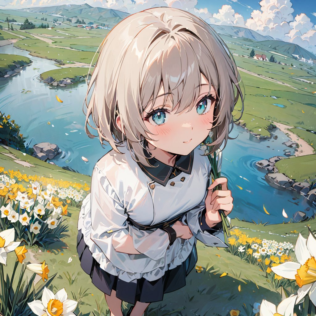 ((masterpiece)), ((best quality)), (1girl, solo:1.4), from above, beautiful detailed eyes, vivid, cloudy sky, flower, anemone, (daffodil), (hyacinth), falling petals, picnic, kissing face, landscape,