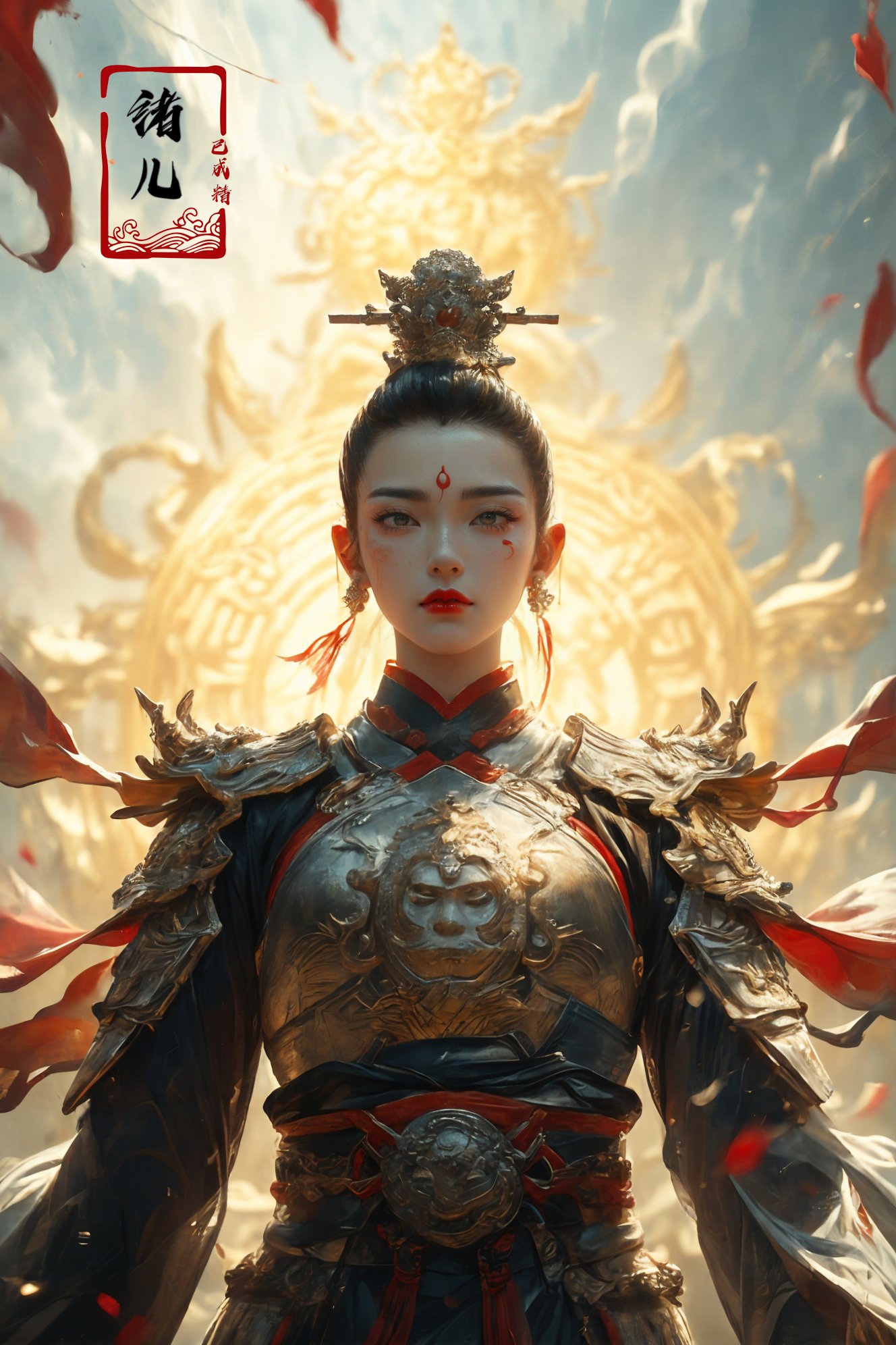 Dynamic Angle, Perspective, High Point,pov，1woman, xuer Ancient Chinese armor,  shoulder armor，holding weapon, Chinese sword，(full body:1.1), A mature face，sideways glance, (cold attitude,eyeshadow,eyeliner:1.1),(red lips:1.3),watery eyes,   (Milky skin:1.2), (shiny skin:1.4)，(long legs:1.3),  (upper body:1.5)，A shot with tension，(sky glows red,Visual impact,giving the poster a dynamic and visually striking appearance:1.2),Chinese Zen style,impactful picture,<lora:绪儿-中国铠甲 xuer Ancient Chinese armor:0.8>