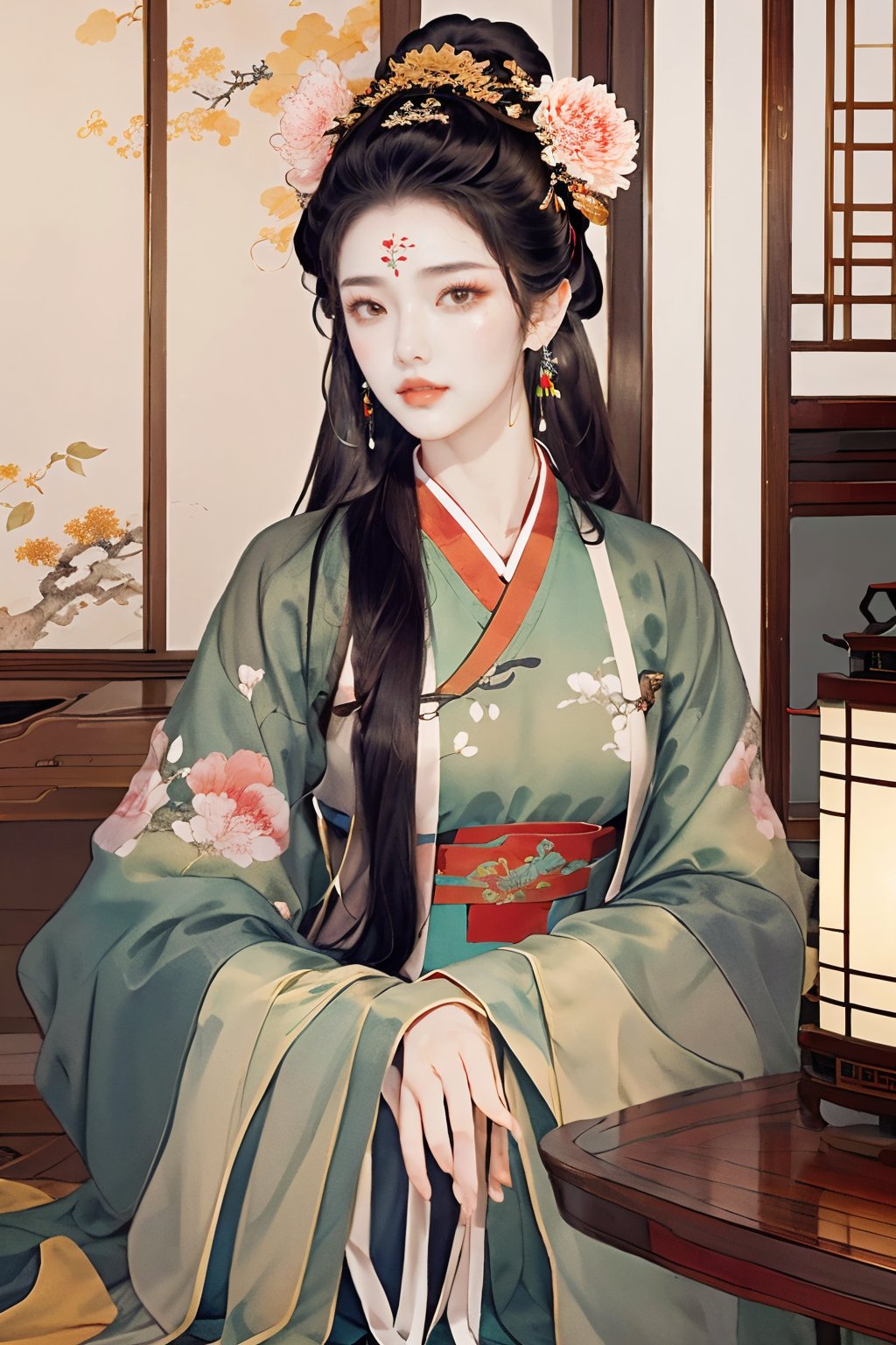 gufeng02, 1girl, table, solo, black hair, long hair, jewelry, earrings, hair ornament, indoors, forehead mark, dress, chinese clothes, lantern, long sleeves, plate, looking at viewer, facial mark, scroll, upper body, flower, branch,<lora:gufeng2-1.5:1>,, masterpiece, best quality,