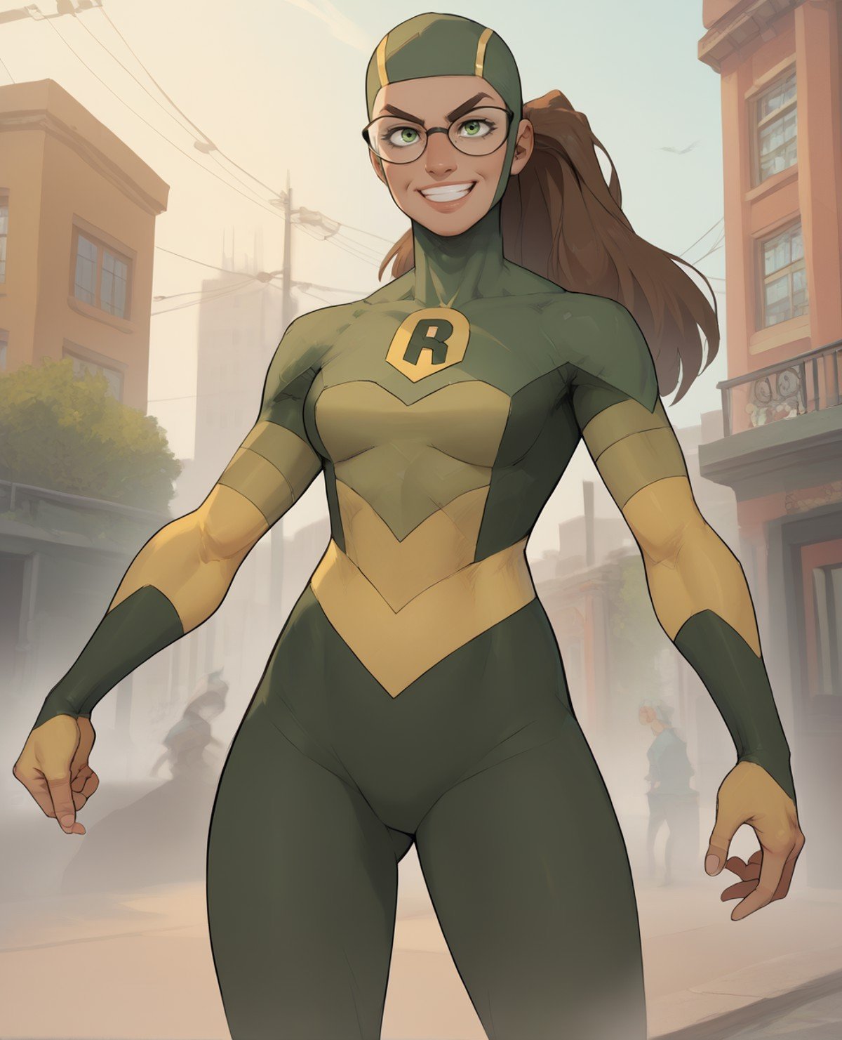 score_9,score_8_up,score_7_up,score_6_up,score_5_up,score_4_up,shrinkingraexl,ponytail,green eyes,green bodysuit,glasses,green bodysuit,head cap,standing,R,light smile,city,morning,fighting stance,(insanely detailed,masterpiece, , best quality),<lora:shrinkingRae:0.9>,