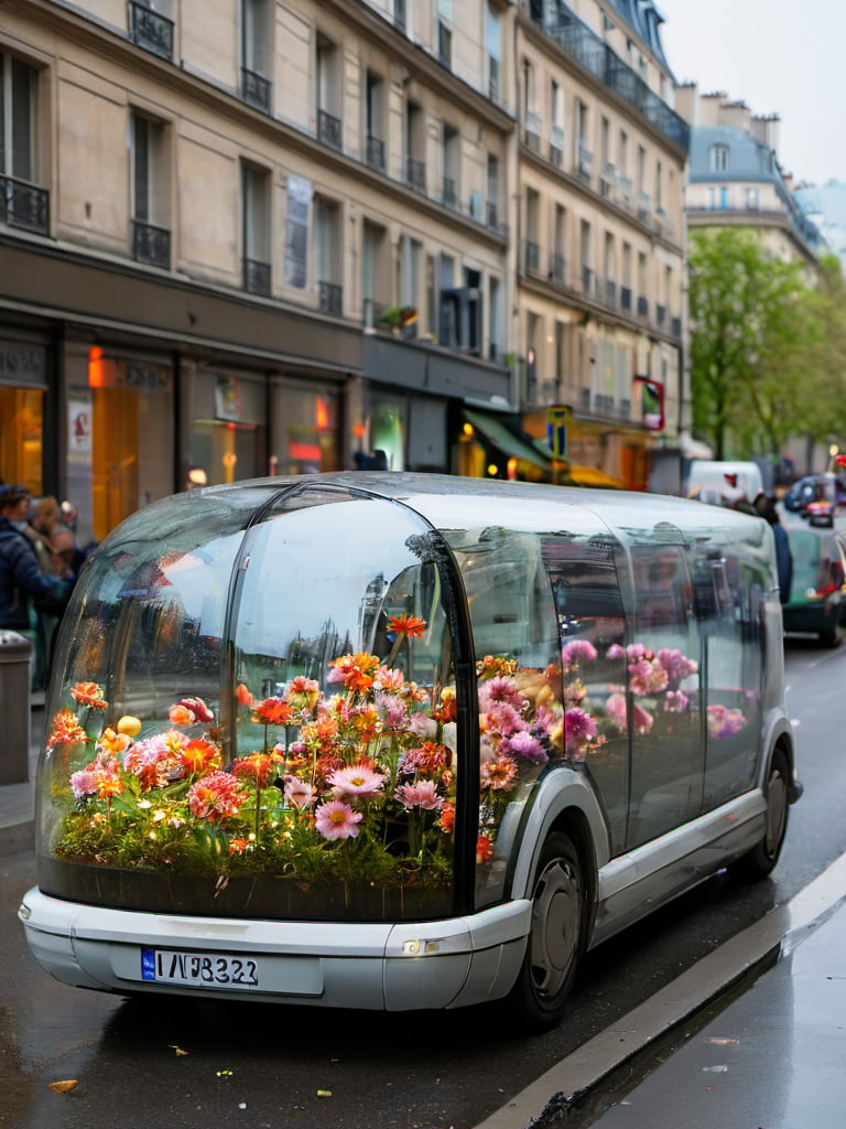 <lora:hhdb-XL:0.8>,hhdb01,ground vehicle,scenery,flower,motor vehicle,outdoors,road,lamppost,day,car,street,city,sign,building,window,reflection,no humans,