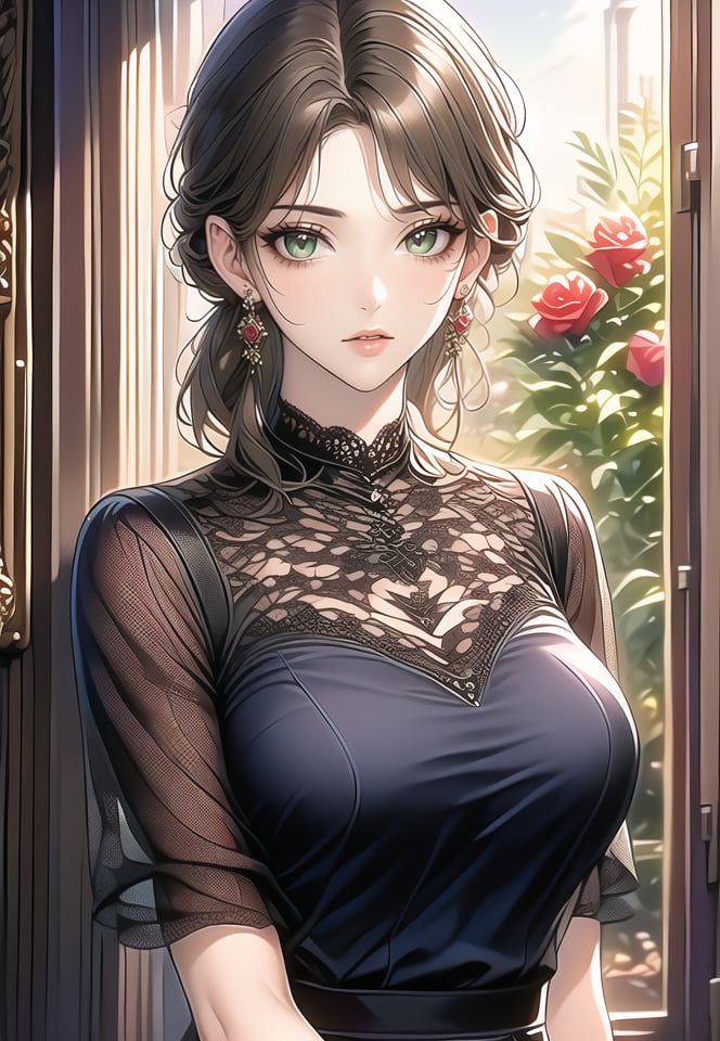 (best quality), ((masterpiece)), (highres), illustration, original, extremely detailed,1girl, solo, green eyes, jewelry, flower, earrings, looking at viewer, brown hair, upper body, hair bun, rose, parted lips, red flower, mole, breasts, mole under eye, bangs, shirt, single hair bun, short sleeves, red rose, medium hair