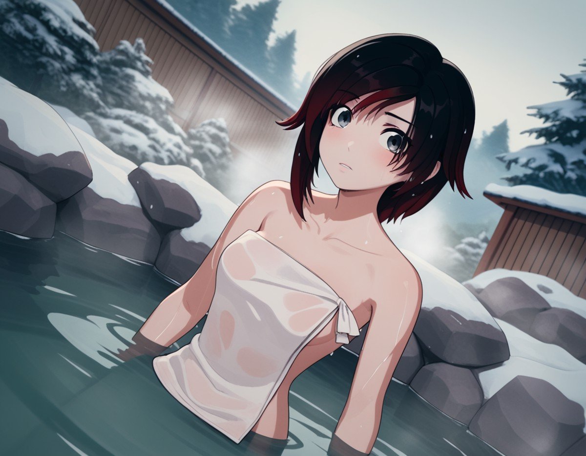 score_9, score_8_up, score_7_up, source_anime, <lora:ruby-rose-ponyxl-lora-nochekaiser:1>, ruby rose, short hair, black hair, red hair, grey eyes,, nude, naked, outdoors, onsen, towel, naked towel, steam, bathing, nude cover, partially submerged, water, bath, steam censor, wet towel, blush, looking at viewer, solo, cowboy shot, dutch angle