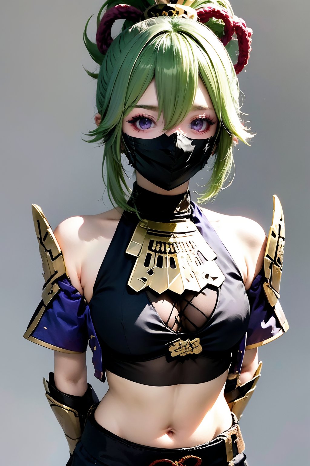 1girl, kuki shinobu, solo, green hair, navel, mouth mask, mask, looking at viewer, breasts, midriff, crop top, hair between eyes, jacket, upper body, purple jacket, ninja mask, medium breasts, stomach, shirt, purple eyes, armor, sleeveless, black shirt, bare shoulders, cleavage, ninja, ponytail, rope, fishnets, black mask, sleeveless shirt, open clothes, cropped jacket, open jacket, hair ornament, arms behind back, fishnet top, grey background, shoulder armor, japanese armor, blue eyes, shimenawa, simple background, sidelocks, makeup