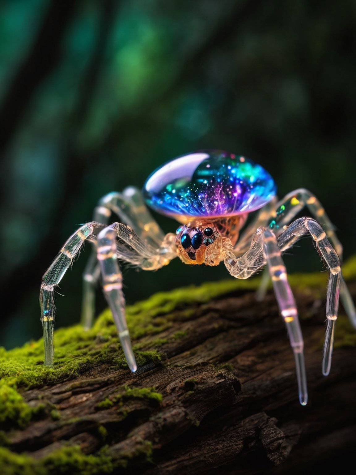 macro, fill the frame, from the side, photorealism, extremely detailed, best quality,A transparent neon glass crystal spider, hairless, 8legs, glowing internally with a multicolored florescent galaxy of stars, swirls of light shine within, large bulbous abdomen, abdomen focus,on a mossy log, dark background,zavy-flrscnc, <lora:GoodPhotoV1.0_alpha1.0_rank8_noxattn_700steps:1>