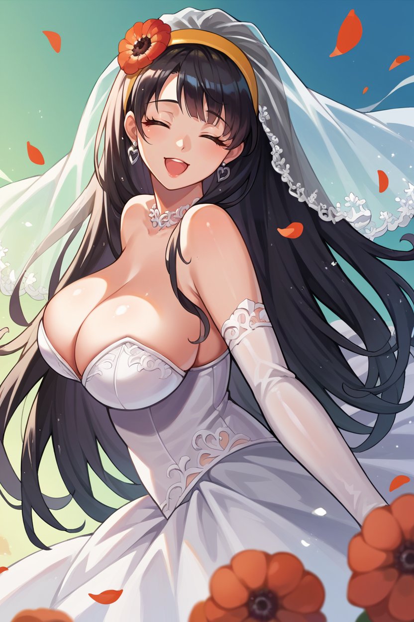 score_9, score_8_up, score_7_up, score_6_up, source_anime BREAK 1girl, solo  <lora:dcanemone-pdxl-nvwls-v1:1> dcAne, black hair, hairband, hair flower, wedding dress, large breasts, bridal veil, from side, looking at you, elbow gloves, happy, cleavage, closed eyes, open mouth