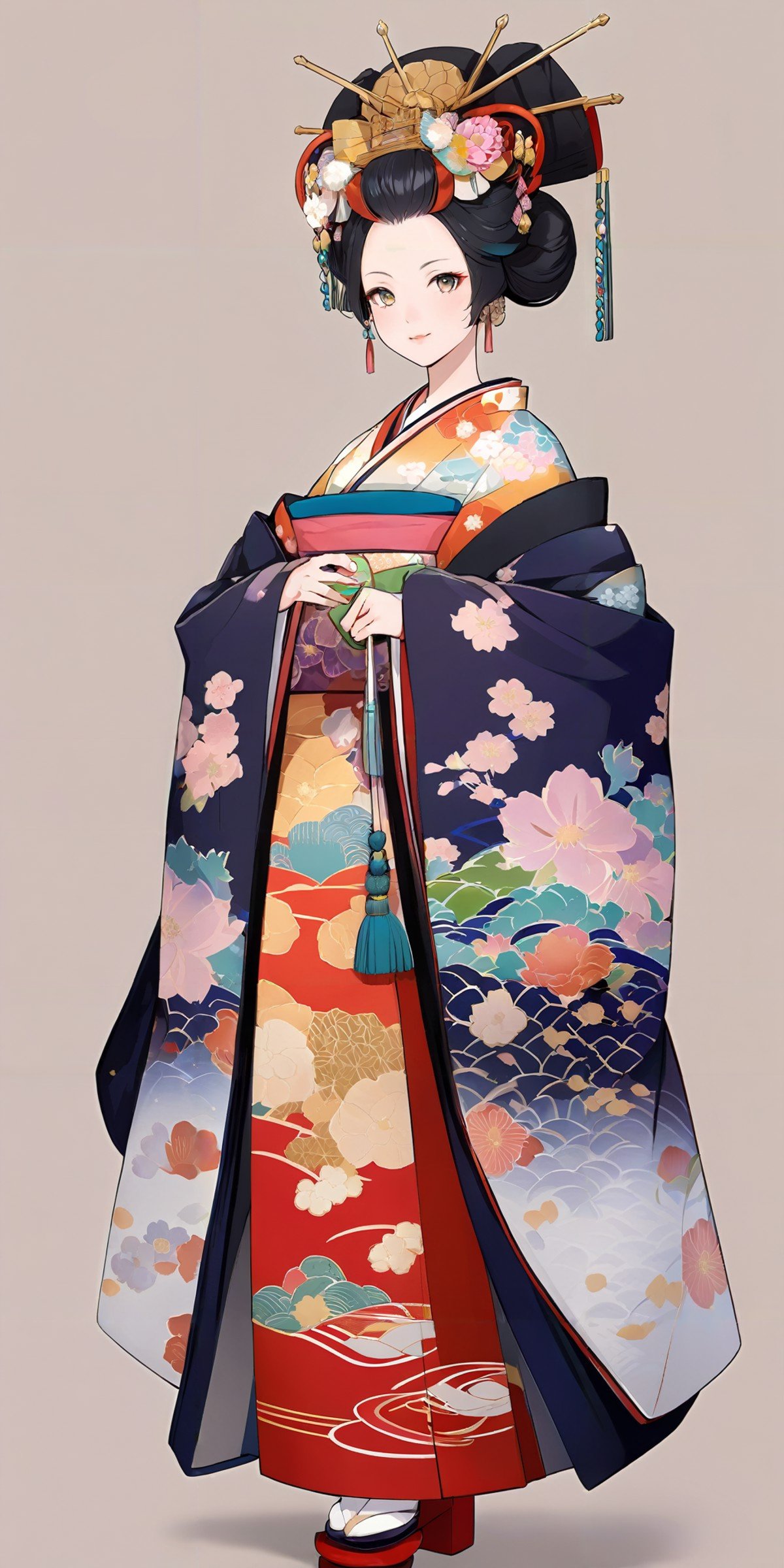 masterpiece,ultra-detailed,best quality,8K,illustration,cute face,clean skin ,shiny hair,girl,ultra-detailed-eyes,simple background, <lora:add-detail-xl:1> <lora:oiran_XL_V1.0:0.6> oiran, hair ornament, japanese clothes, floral print, long sleeves,geta,walking