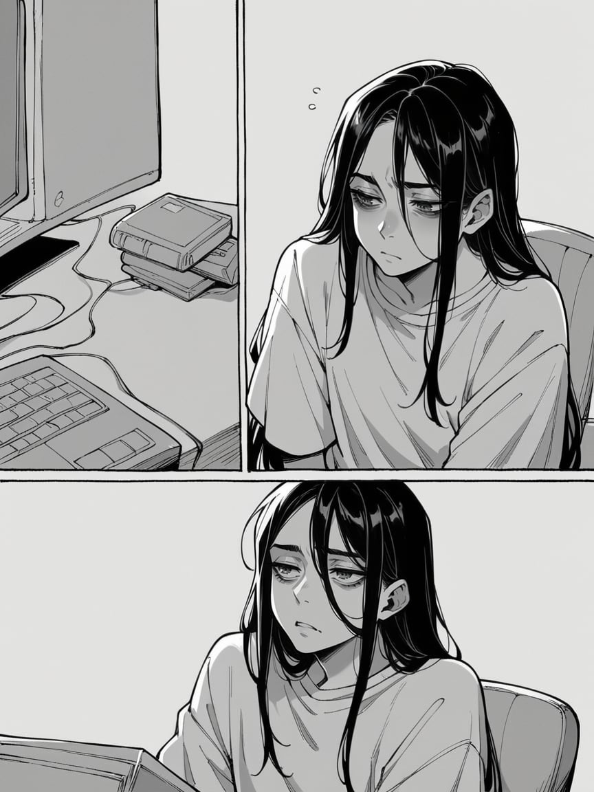 score_9, score_8_up, score_7_up, score_6_up, m4ng4, manga, monochrome, greyscale, (long hair:1.2), 1boy, comic, <lora:m4ng4XLP:1> panels, black hair, tired, computer 