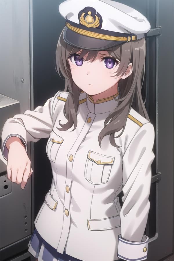 chinamoeka, <lora:china moeka s1-lora-nochekaiser:1>,china moeka, long hair, brown hair, (purple eyes:1.1),BREAK hair ornament, hat, hairclip, uniform, military, military uniform, peaked cap, naval uniform, (white uniform:1.5),BREAK outdoors, ship, navy,BREAK looking at viewer, (cowboy shot:1.5),BREAK <lyco:GoodHands-beta2:1>, (masterpiece:1.2), best quality, high resolution, unity 8k wallpaper, (illustration:0.8), (beautiful detailed eyes:1.6), extremely detailed face, perfect lighting, extremely detailed CG, (perfect hands, perfect anatomy),