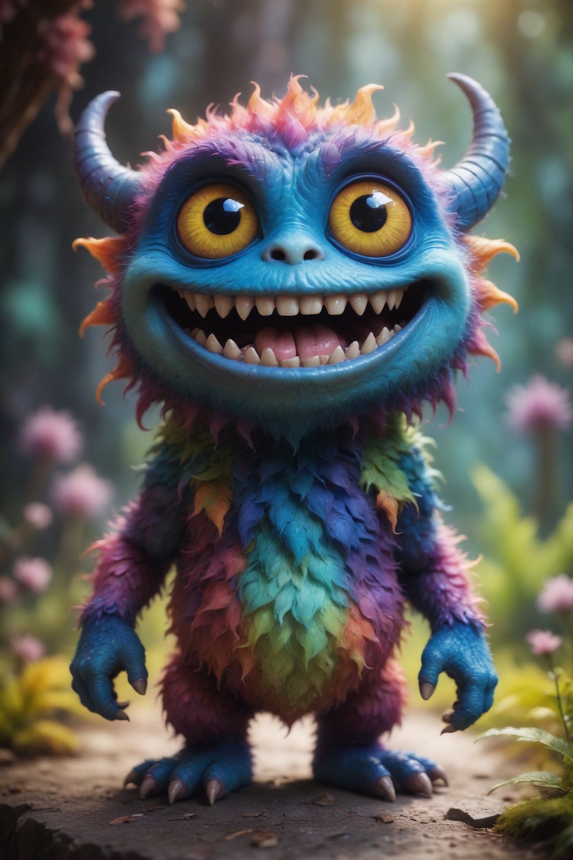 (best quality,8K,highres,masterpiece), ultra-detailed, capturing the whimsical essence of a cute, tiny monster with a distinctly creepy smile. This creature, while small in stature, boasts an array of vibrant colors and textures, making it stand out with its unique charm. Despite its eerie grin, there's an undeniable allure to its appearance, blending elements of the adorable with the slightly unsettling. The monster's eyes sparkle with mischief, suggesting a playful nature behind its unnerving smile. Its skin is highly textured, showcasing an array of soft, pastel shades that contrast with the darker, more mysterious tones of its grin. The background is deliberately blurred, focusing attention on the creature's expressive face and the intricate details that define its character. This portrayal combines the innocent with the eerie, inviting viewers into a world where even the smallest monsters carry a mix of cuteness and mystery.