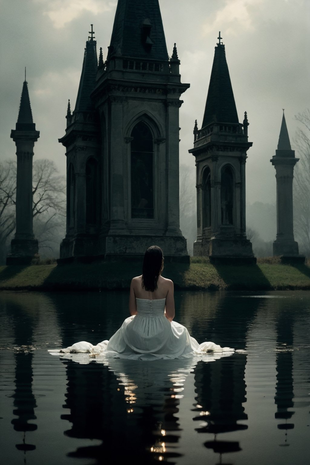 Horror-themed masterpiece, (realistic:1.3), , (intricate and serene:1.1), (from front, full body:1.4), 1 lady, facing viewer, looking down, simple white dress, lake, sitting on ground, (graceful pose:1.1), wet body, reflections, shadows, swans, professional photograph, award winning, cinematic lighting, octane render, unreal engine, volu-metrics . Eerie, unsettling, dark, spooky, suspenseful, grim, highly detailed