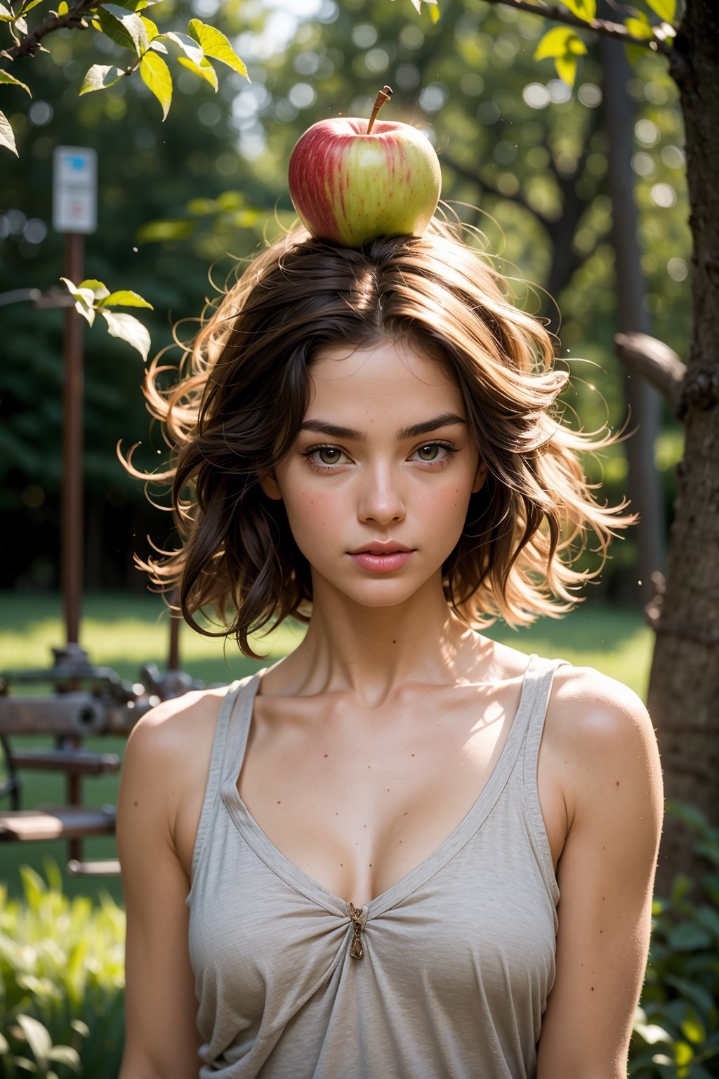 A woman with an apple balanced on her head standing in front of an archery target, emb-daisy, short brown hair, light brown eyes, apple on head, archery target  behind her