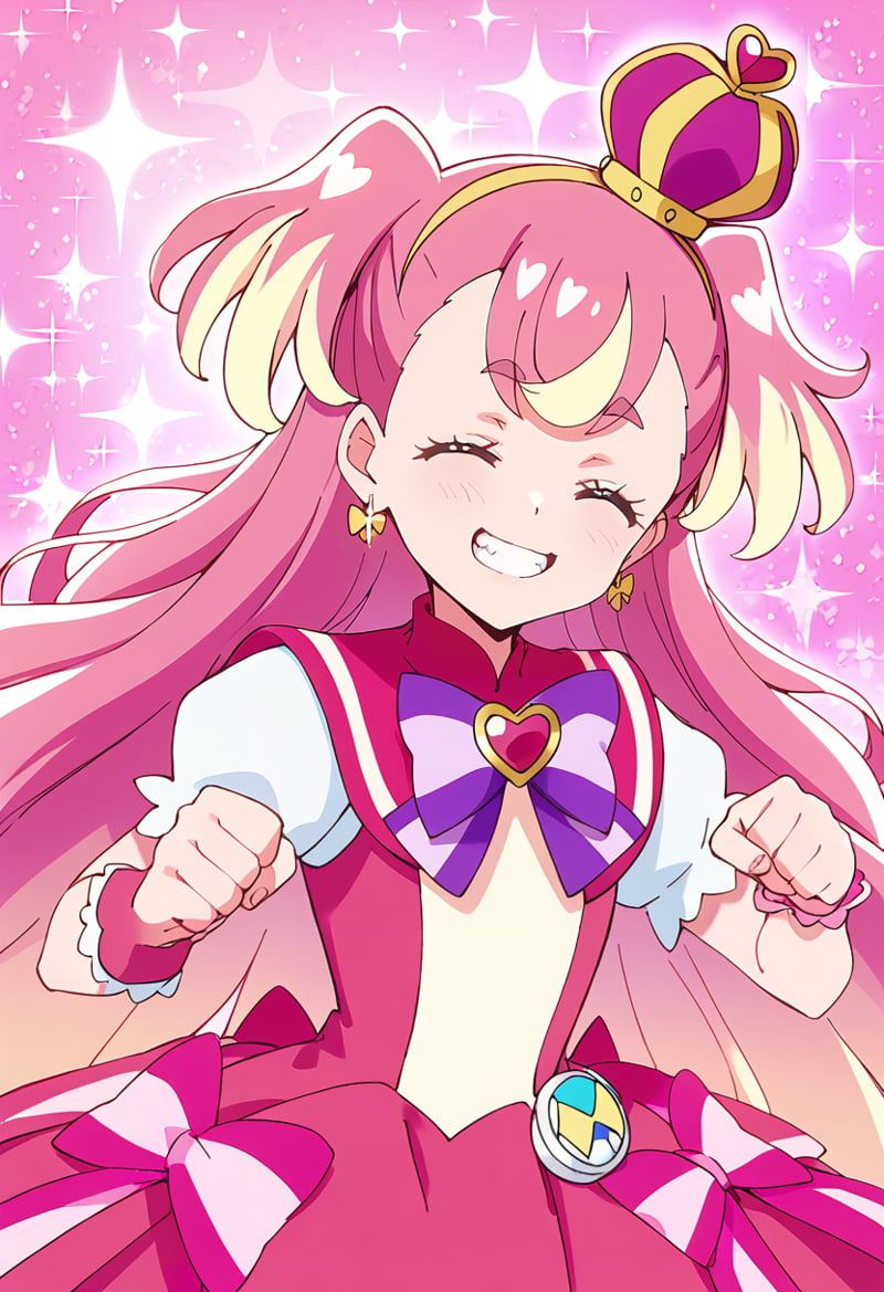 score_9, score_8_up, score_7_up, source_anime, BREAKcure wonderful, 1girl, solo, smile, pink hair, closed eyes, multicolored hair, grin, blonde hair, pink background, eyebrows visible through hair, gradient hair, paw pose, two-tone hair, clenched hands, upper body, bangs, facing viewer, teeth, two side up, shiny hair, sparkle, pink theme, very long hair, looking at viewer, pink skirt, hands up, ^ ^, hair ornament, wrist cuffs, eyelashes, mini crown, happy, :3, bowtie, purple neckwear, anime coloring, striped bow, arm warmers, open mouth, purple hair, flower earrings, long sleeves, simple background, pink bow, pink dress, streaked hair, clenched teeth, gradient, pink sailor collar, arms up, purple background, :d, puffy short sleeves, striped neckwear, floating hair, standing, sparkle background, cowboy shot, heart background, thick eyebrows, heart brooch, pouch, dress bow, tilted headwear, yellow hairband, dot nose, short dress, straight-on, multicolored bow, striped clothes<lora:cure_wonderful_inukai_komugi_sdxl_locon_pony_v1:0.7>