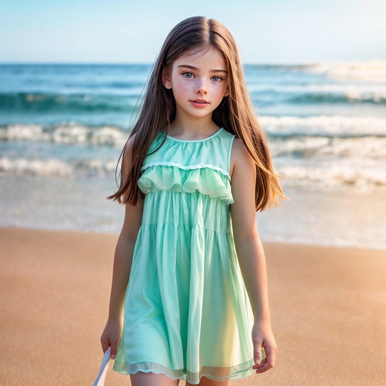 best quality, extra resolution, wallpaper, HD quality, HD, HQ, 4K looking back, profile of self-assurance (AIDA_LoRA_MeW2016:1.12) <lora:AIDA_LoRA_MeW2016:0.85> in (simple green dress:1.1), [little girl], glossy skin with visible pores and freckles, pretty face, naughty, funny, happy, playful, cinematic, dramatic, composition, kkw-ph1, (colorful:1.1), (on the seashore:1.1), sea, sand, sky, (on the beach:1.1), sunlight, outdoors