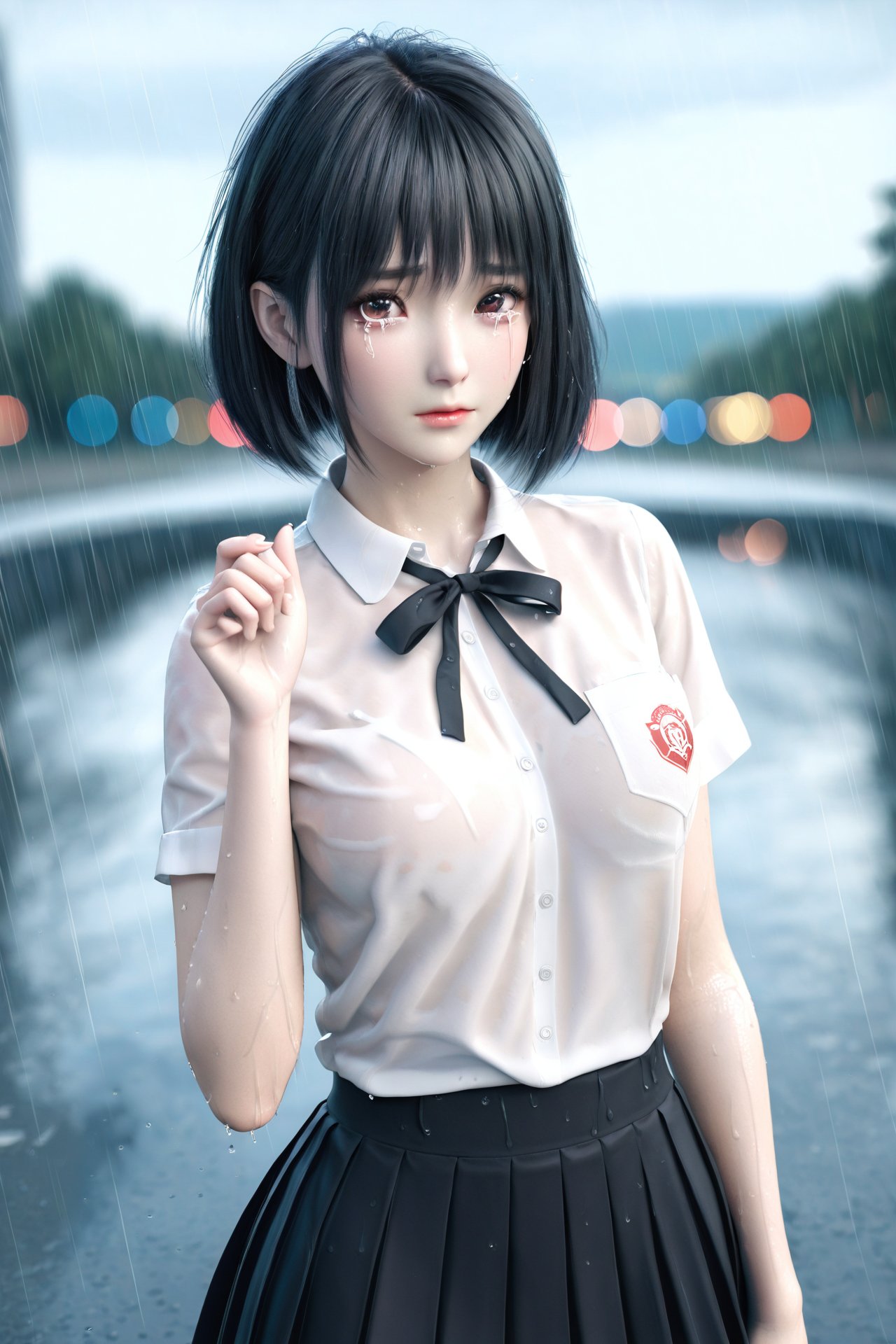 (masterpiece),(best quality),illustration,ultra detailed,hdr,Depth of field,(colorful),realistic,1girl,solo,black hair,rain,shirt,looking at viewer,white shirt,skirt,short sleeves,short hair,black skirt,tears,ribbon,collared shirt,wet clothes,black ribbon,wet,neck ribbon,school uniform,breast pocket,crying,outdoors,pocket,upper body,closed mouth,blurry background,bob cut,blurry,crying with eyes open,pleated skirt,hand up,