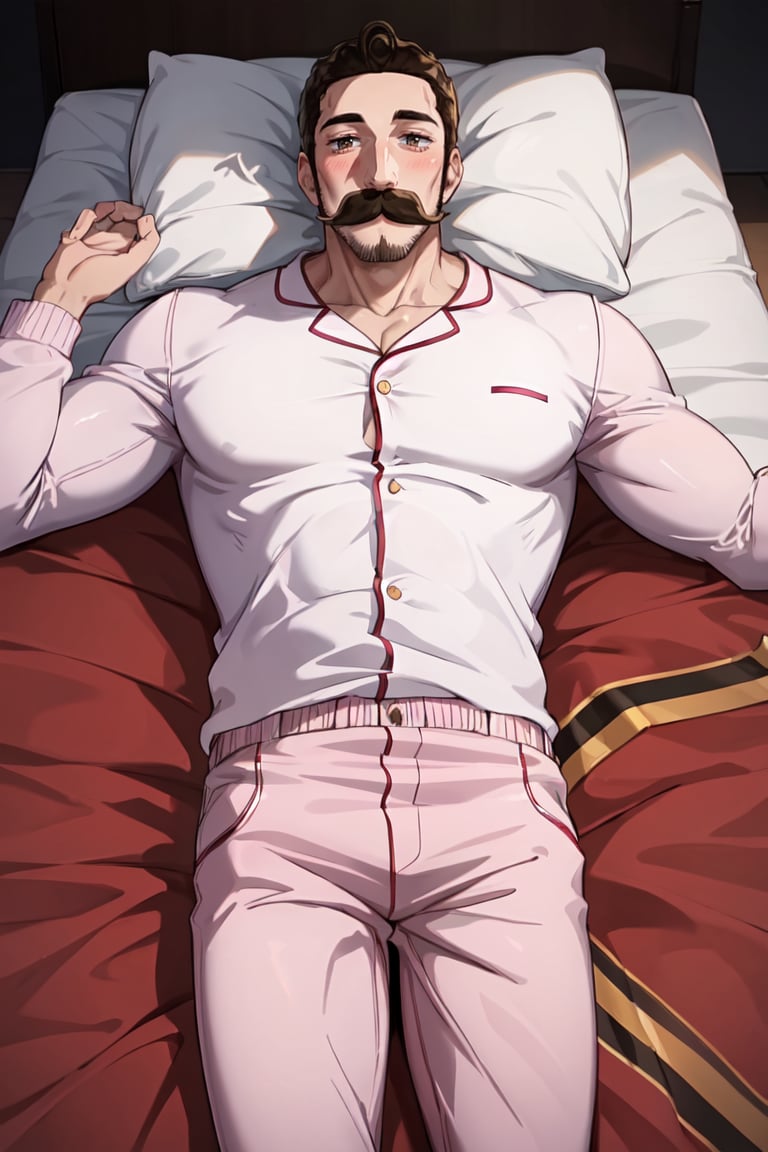 masterpiece, best quality, ultra-detailed, glistening shiny, glowing light, ray tracing, HDR, deph of field,(perfect face, detailed face) , 1boy, <lora:Alaindelon:0.7>, alaindelon, mustache, blush, facial hair, muscular,  pink pajama, long sleeves, pink pants, lying