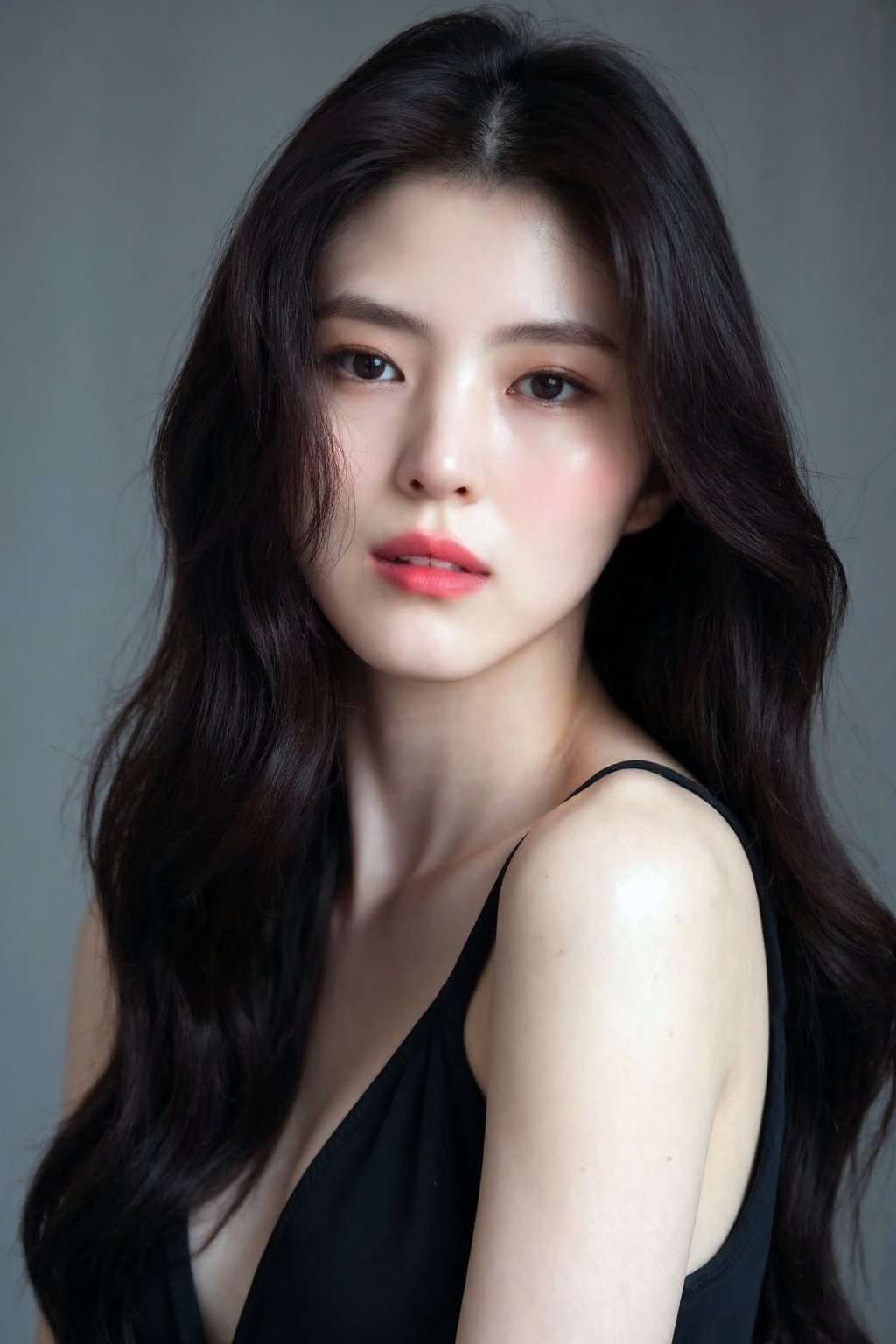 (medium full shot), beautiful korean girl with dark eyeshadow and eyeliner, red lips, long wavy hair , wearing silk sleeveless dress,  gray background, studio lighting, necklace, dslr, soft lighting, high quality, film grain,  light reflections, blood vessels,  pale skin, skin pores,blood vessels in sclera, detailed skin, beauty spots, skin fuzz, <lora:flux_realism_lora:1>,  <lora:makinaflux_hansohee_v1.0:1>