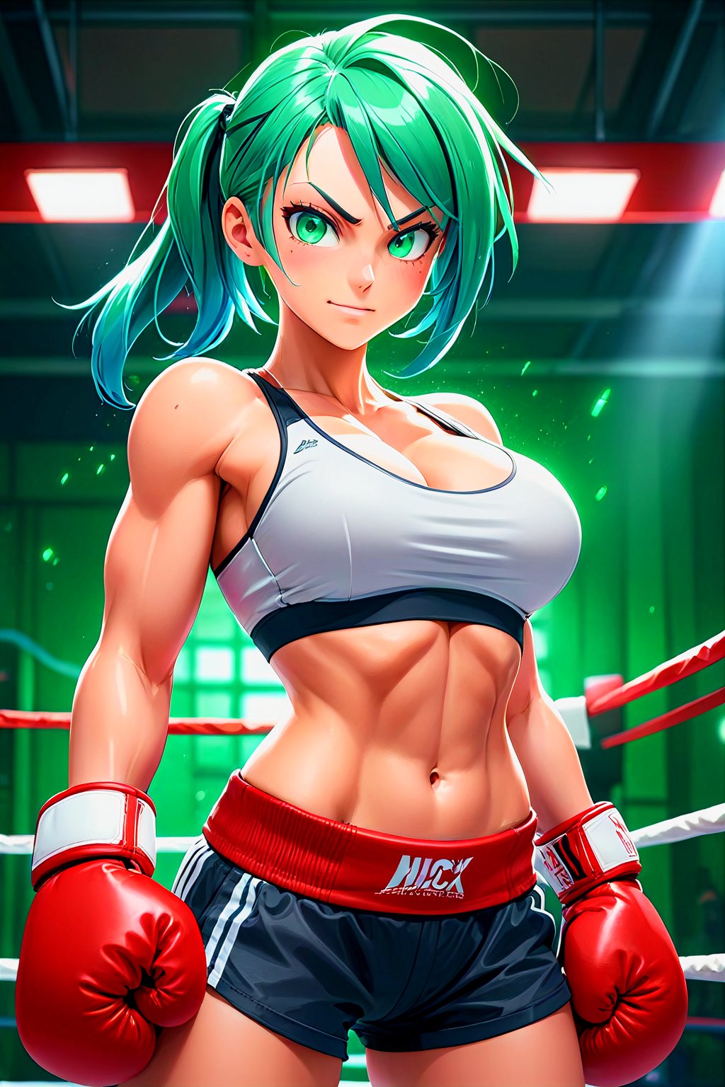 blue hair, green eyes, red boxing gloves, attack pose, smug, smirk, abs, sports bra, large breasts, from below, sweat, boxing ring backround, volumetric lighting, light particles