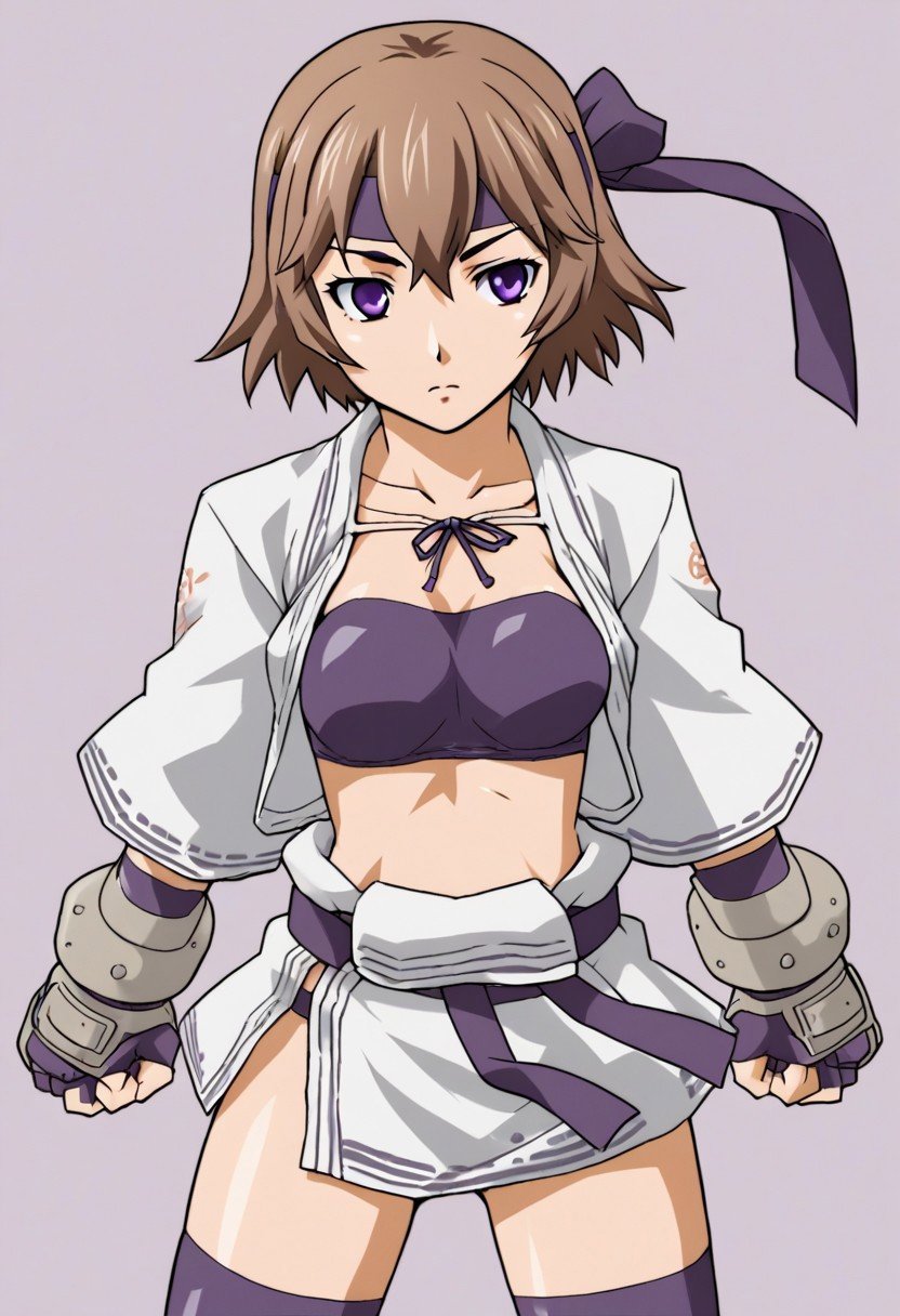 1girl, belt, bra, brown hair, dougi, gloves, fingerless gloves, headband, headwear, pantsu, purple eyes, short hair, tighhighs,