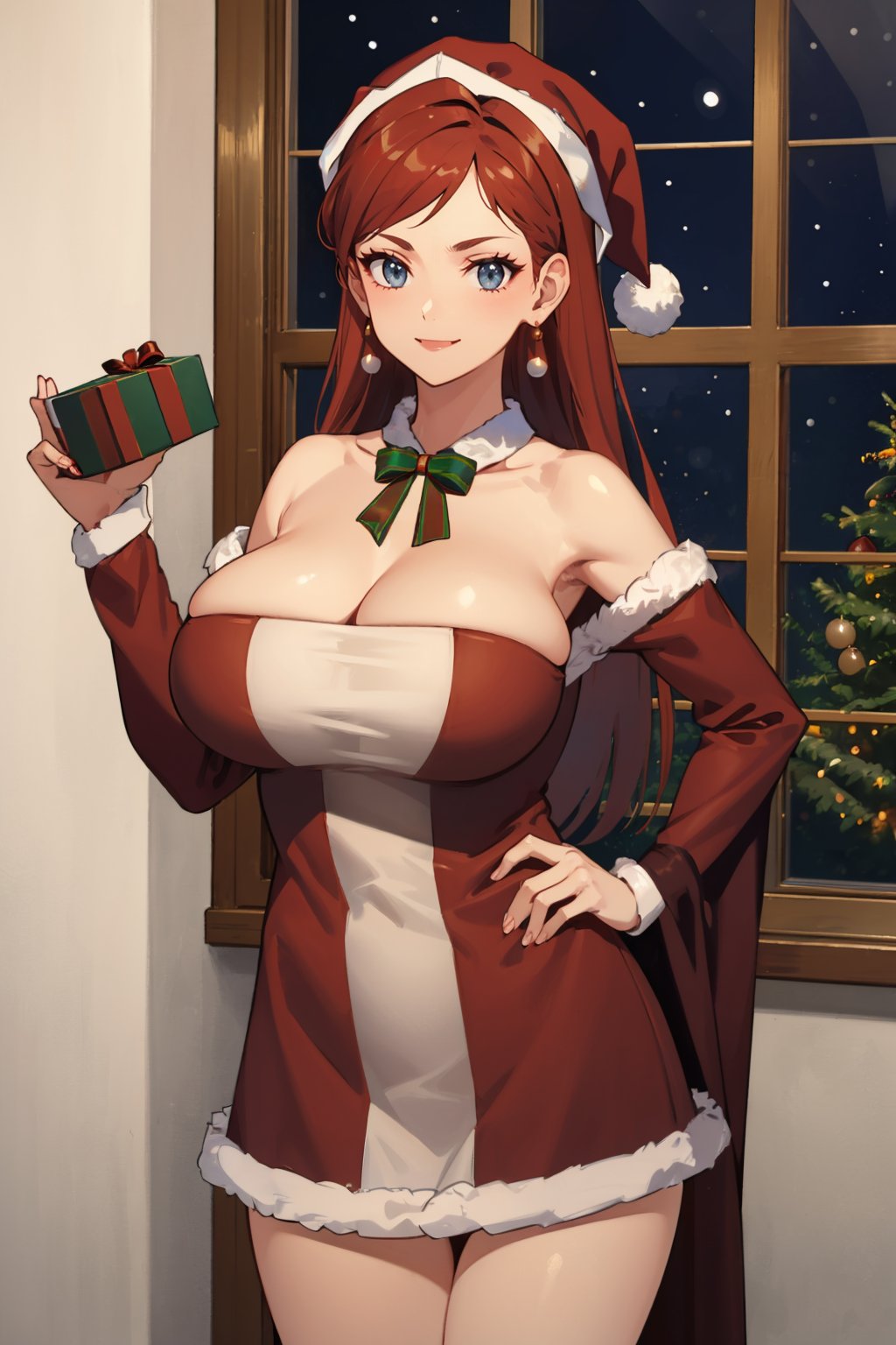 masterpiece, best quality, <lora:hildagreyrat-nvwls-v1-000010:0.9> hildagreyrat, grey eyes, earrings, large breasts, santa hat, santa costume, fur trim, red ribbon, cowboy shot, hand to hip, smile, christmas presents