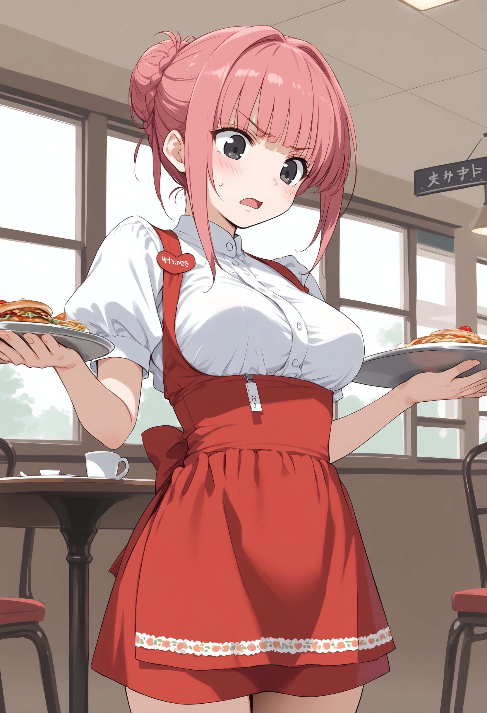 1girl, medium breasts,anna miller ,waitress,name tag,high-waist skirt,suspender skirt, apron,restaurant,  <lora:annamiller_Pony_v1:0.8>from behind, portrait, looking down, pink hair, black eyes,annoyed, open mouth, hair bun hair,