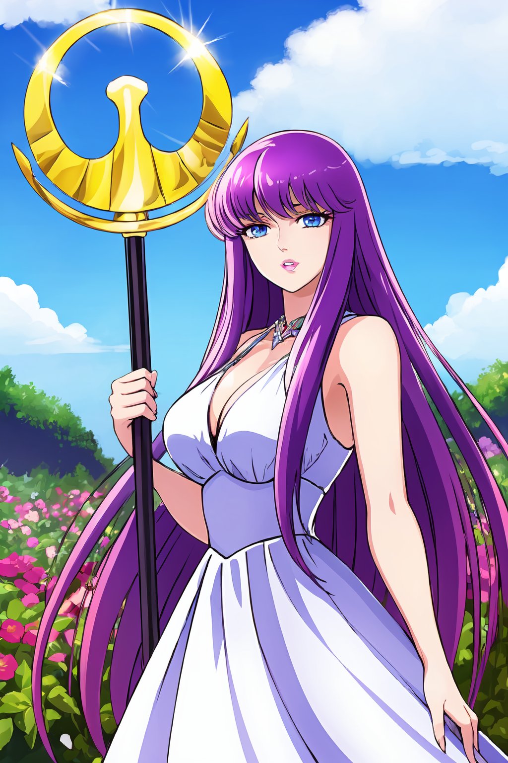 best quality, masterpiece, highres, official art, ultra detailed, cowboy shot, outdoors, scenery, sky, cloud, garden,kido_saori, solo, saori_sleeveless_white_dress, purple hair, blue eyes, looking at viewer, long hair, bangs, large breasts, parted lips, holding staff, staff_nikke <lora:kido saori5-000007:0.7>