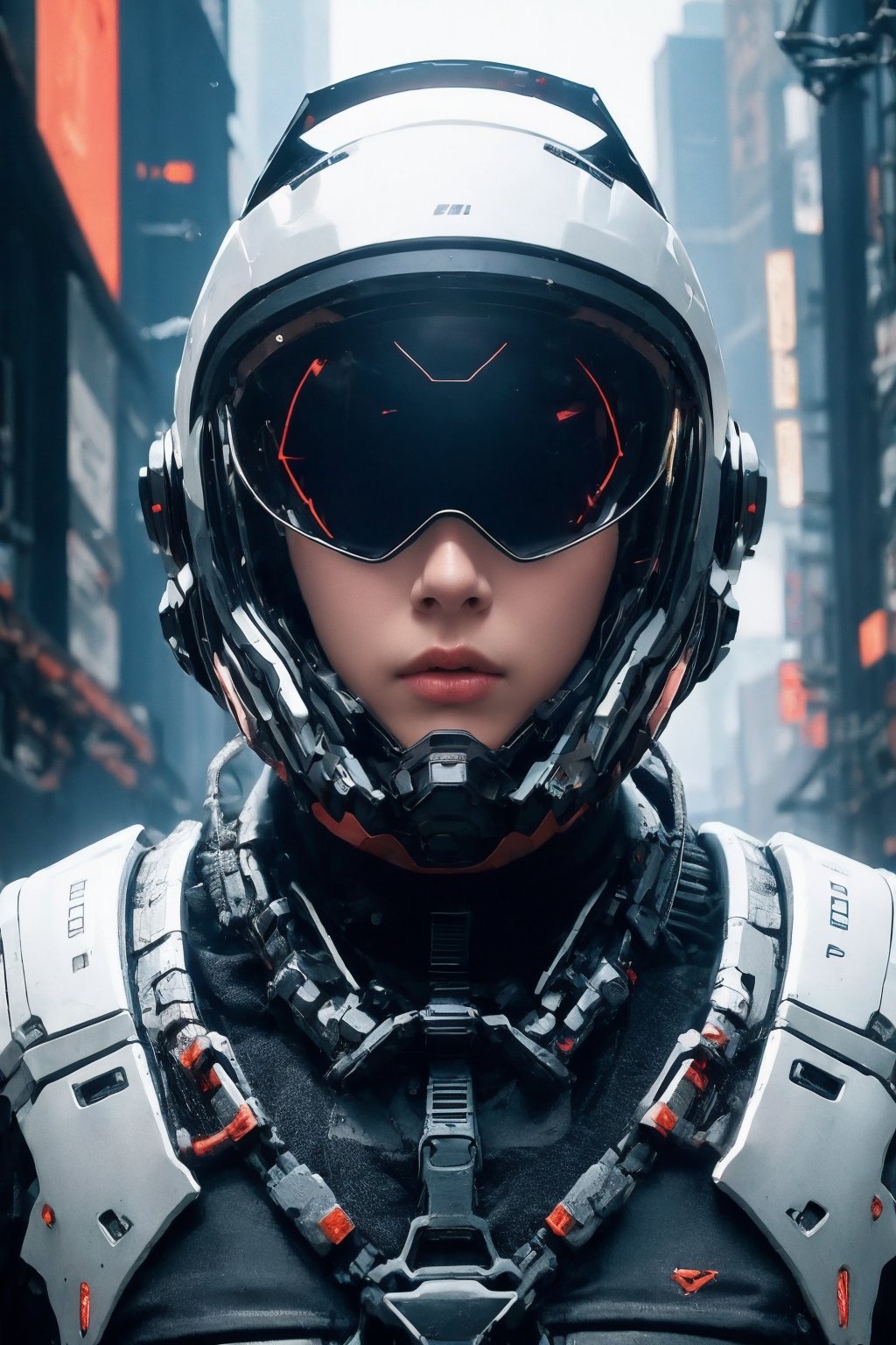 photorealistic,1girl,cyberpunk armor,helmet,(detailed face:1.2),full body,realistic, science fiction, helmet, cable, cyberpunk, lips, screen, 