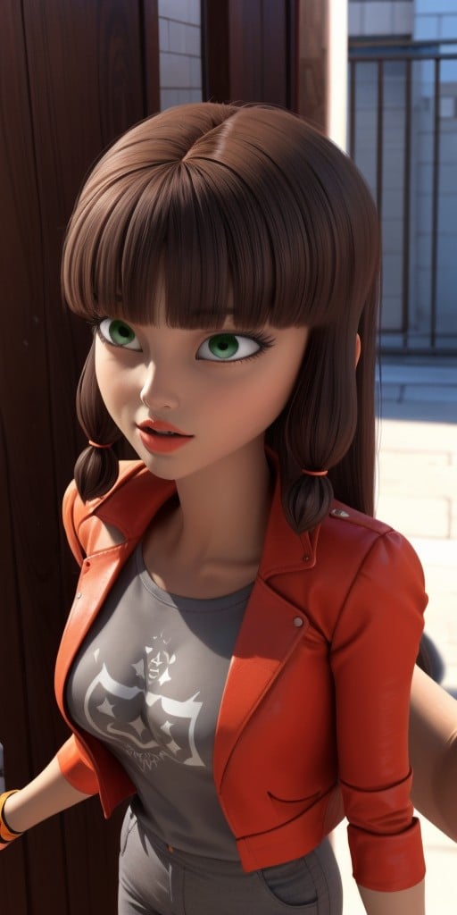 Hyperrealistic, photorealistic, super detailed, (gray pants), ((gray T-shirt under jacket)), (orange jacket), hip-length auburn wig with blunt bangs and two shorter pieces framing her face which is loosely tied near the ends with orange bands, expressive grayish chartreuse green eyes, fourteen years old, body like in real life, large pores, slender, light tan skin, beautiful arms, very little very flat breasts, unreal engine, octane render, droped shadow, bokeh, cinematic lighting, <lora:add_detail:0.5>, <lora:Volumetric_lighting:0.6>, Lila, Rossi, Grayish chartreuse green eyes, Hip-length auburn wig with blunt bangs and two shorter pieces framing her face which is loosely tied near the ends with orange bands, , <lora:78470c30-a7d9-432e-87fe-5eba4aa626a5:0.7>