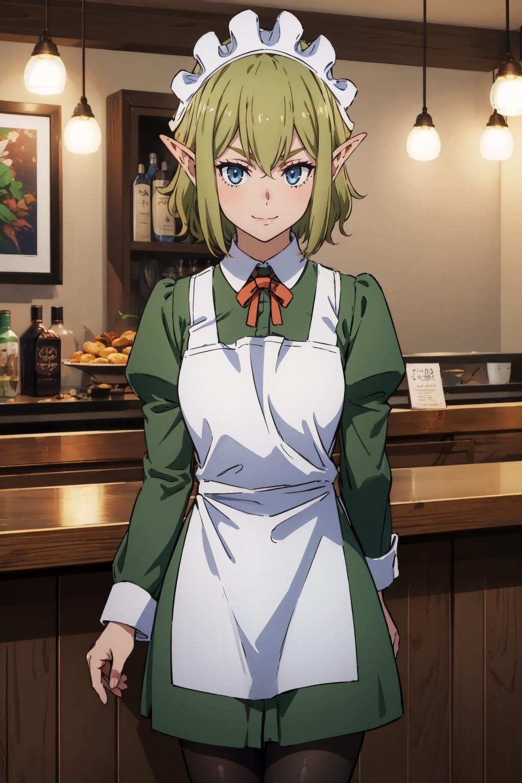 masterpiece, best quality, <lora:ryuulion-nvwls-v1-000008:0.9> ryuu, maid headdress, green dress, long sleeves, white apron, pantyhose, bar, tavern, looking at viewer, smile, furrowed brow, arms at sides