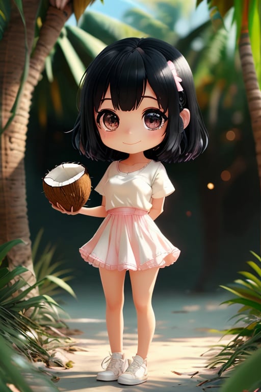 1girl,big eyes,smiling,black hair,chibi,white shirt,pink dress,coconut,coconut in her hand,ray tracing,chibigirl, (best quality), ((masterpiece)), (an extremely delicate and beautiful), original, extremely detailed wallpaper