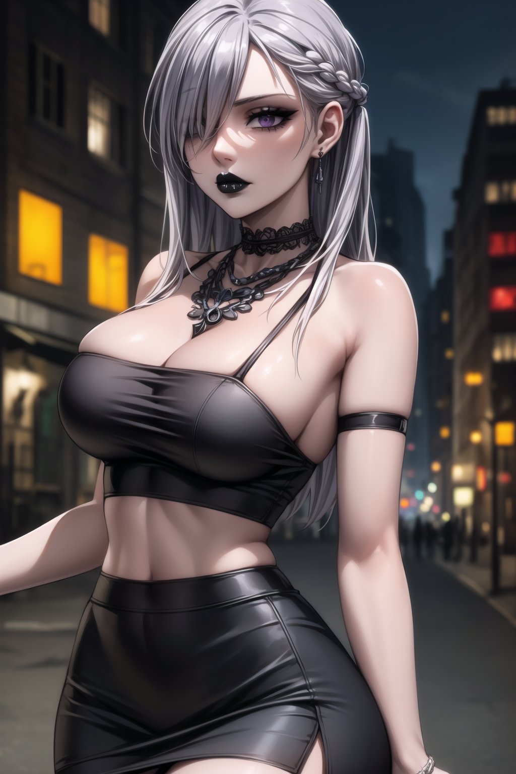 ((best quality)), ((highly detailed)), masterpiece, ((official art)), detailed face, beautiful face, (detailed eyes, deep eyes), seductive posing, (cowboy shot), noelle_silva, purple eyes, (sexy:1.3), (long straight silver hair, dark silver hair, long straight hair, hair covering one eye:1.3), (makeup, black lips:1.3),(  pale white skin, very white skin, goth, long eyelashes, medium to big breasts, black necklace, black fishnet shirt, black tube top, black fishnet shirt over black tube top, black skirt, city street, nighttime)), intricately detailed, hyperdetailed, blurry background, depth of field, best quality, masterpiece, intricate details, tonemapping, sharp focus, hyper detailed, trending on Artstation, 1 girl, high res, official art, , earrings,black lips<lora:EMS-93-EMS:0.600000>, <lora:EMS-31593-EMS:0.200000>, <lora:EMS-28161-EMS:0.300000>, <lora:EMS-401523-EMS:0.800000>, <lora:EMS-12629-EMS:0.500000>