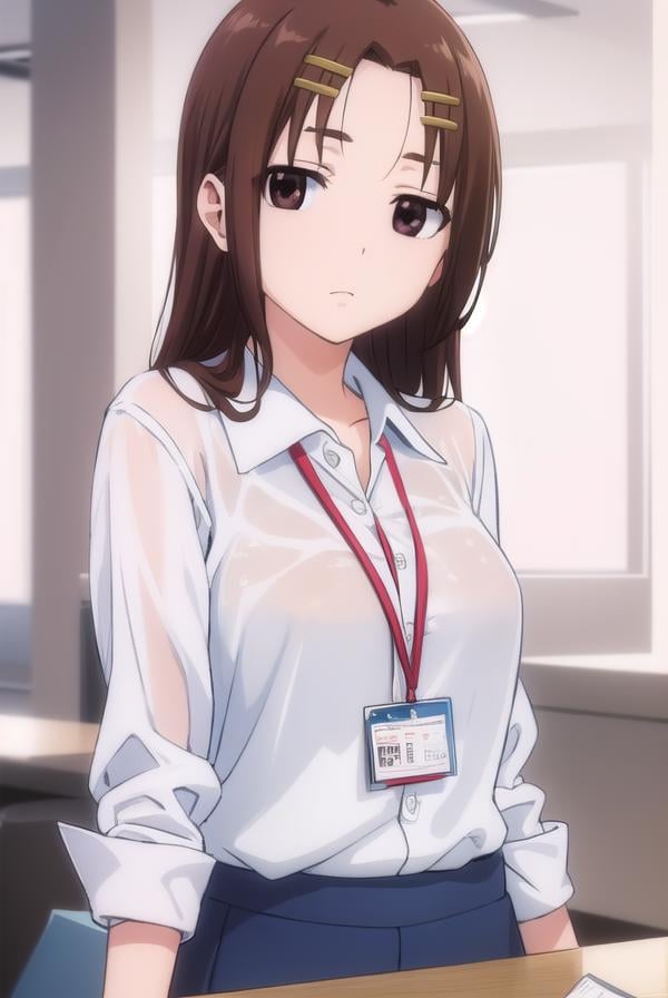 megumichihaya, <lora:megumi chihaya s1-lora-nochekaiser:1>,megumi chihaya, long hair, brown hair, hair ornament, (brown eyes:1.5), hairclip,BREAK skirt, shirt, white shirt, blue skirt, office lady, id card, lanyard,BREAK indoors, office,BREAK looking at viewer, (cowboy shot:1.5),BREAK <lyco:GoodHands-beta2:1>, (masterpiece:1.2), best quality, high resolution, unity 8k wallpaper, (illustration:0.8), (beautiful detailed eyes:1.6), extremely detailed face, perfect lighting, extremely detailed CG, (perfect hands, perfect anatomy),